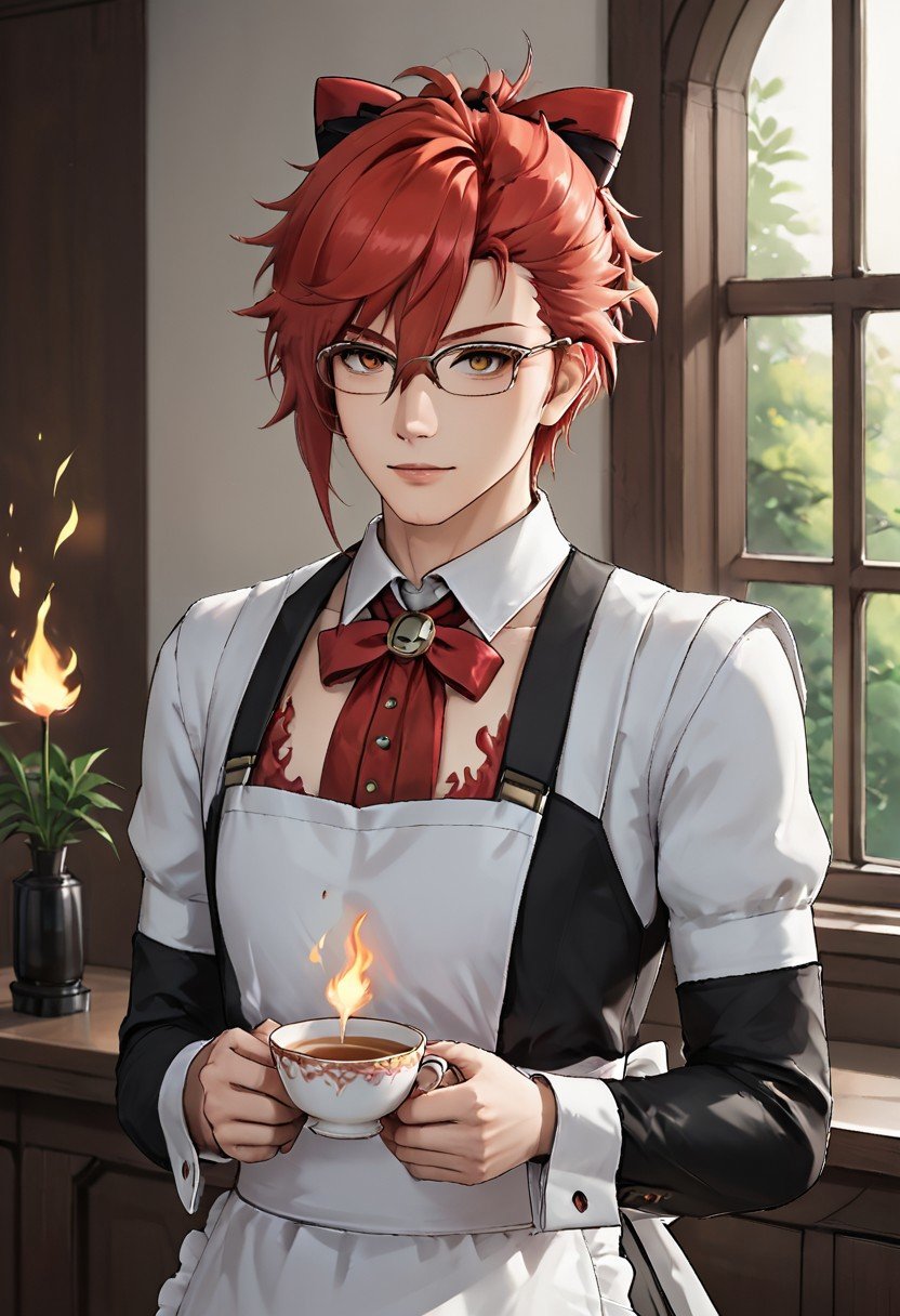 mortefi, red hair, eyeglasses,1boy, solo, crossdressing, maid dress, apron, hair bow, upper body, fire on the background, l0ngm41d, long sleeves, bow, apron, maid, frilled apron, sits on the window, teacup, tea, cute