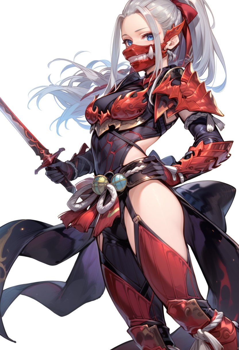 (score_9:0.9),score_8_up,score_7_up,anime style,rating_safe,(zPDXL),<lora:Odogaron Armor Alpha ponyXL v1.5:0.8>,odogaron alpha armor,red mouth mask,red gauntlets,red thighboots,1girl,blue eyes,holding,pointy ears,holding sword,white background,looking at viewer,grey hair,long hair,medium breasts,