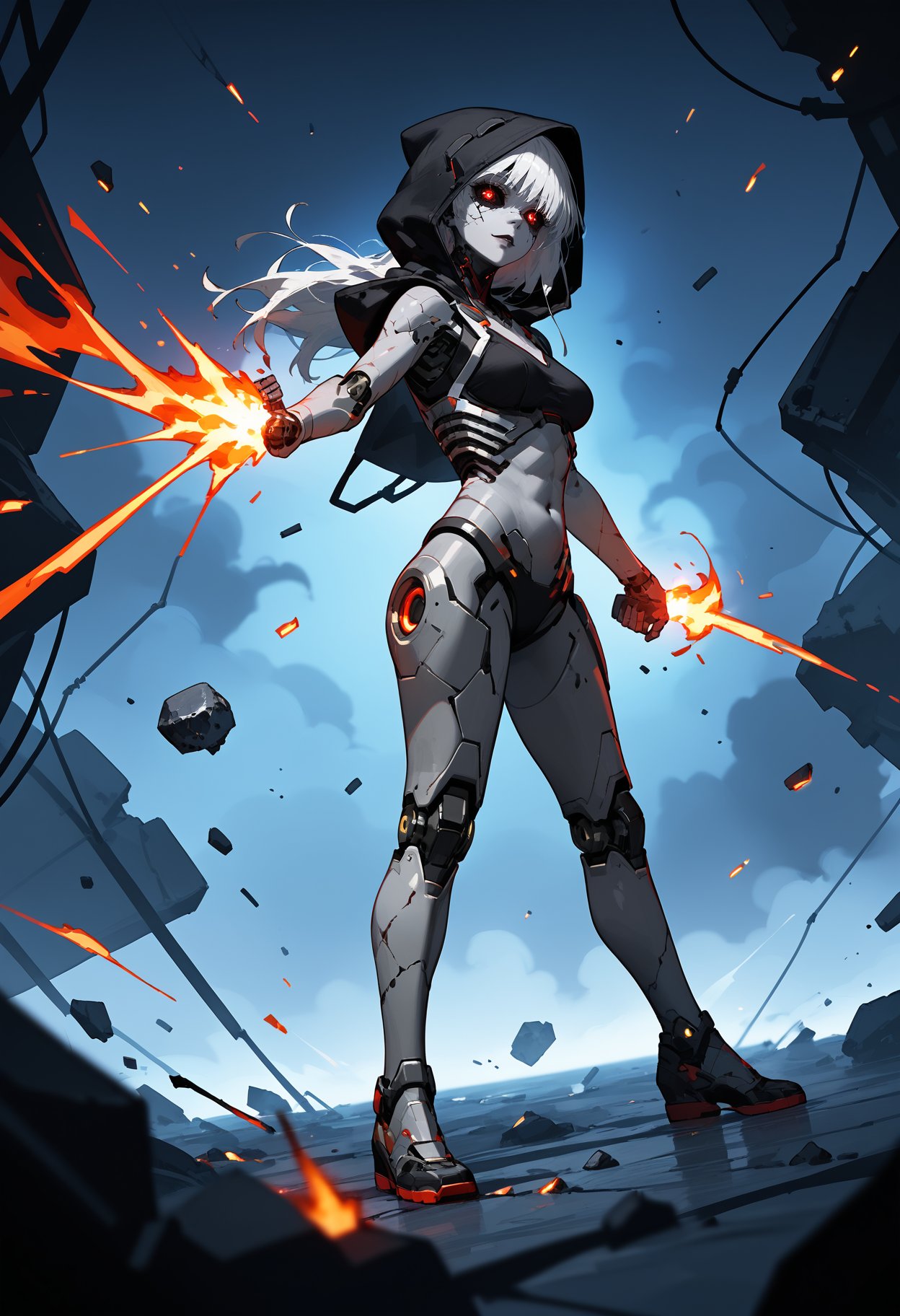 score_9,score_8_up,score_7_up,score_6_up, up,solo, anime style, 25 year old woman, full body, from side, edgy, in dark neon cyberpunk alley, upper body, medium breasts, cracked skin, chiaroscuro, scars, cybernetics, head tilt, cracked skin, mechanical under skin, mechanical parts, mechanical eyes, (black sclera), glowing eyes, grey skin, damaged mechanics, oversized hood, gothic, wind, war, fire, explosions, emissive, dynamic angle, backlighting, saturated, cinematic filter, textured, embers, sparks, dark, low-key, cyborg, particles, dark theme, <lora:add-detail-xl:1>