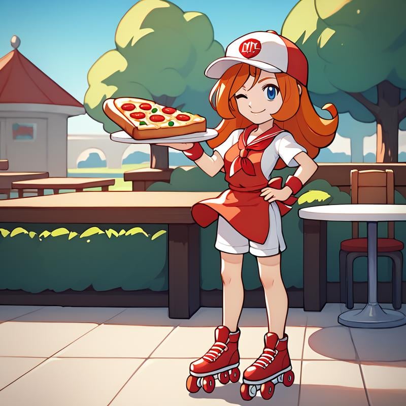 score_9, score_8_up, score_7_up, 1girl, solo, uncensored,  <lora:WarioWareMonaXL_v1.1:1> wariowaremona,  smile, standing,  closed mouth, wink, one eye closed, looking at viewer, holding pizza, blue eyes, long orange hair, baseball cap, white shirt, white shorts, red wristbands, red apron, red neckerchief, red roller skates,  outdoors, restaurant, tables, chairs, plates