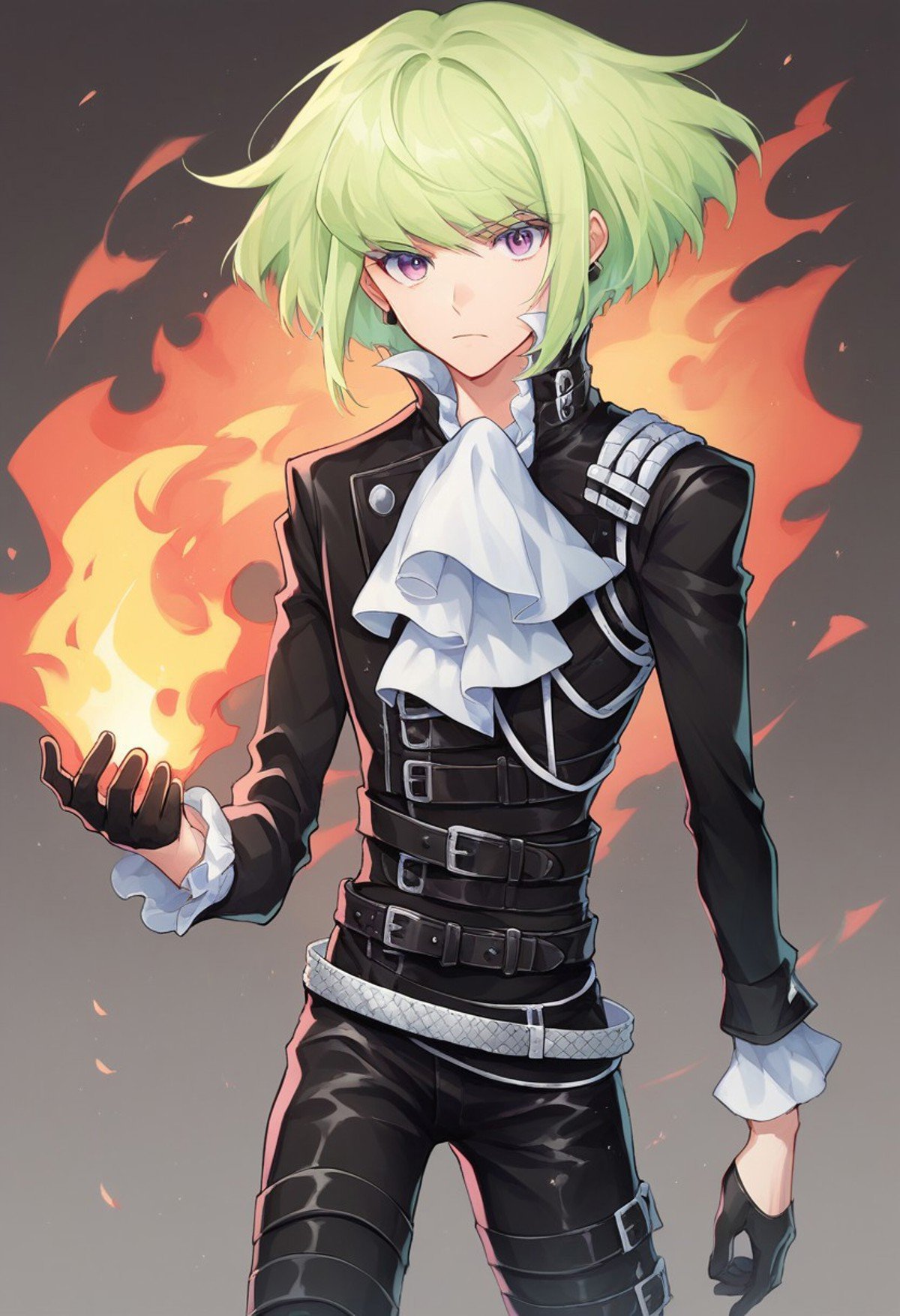 score_9, score_8_up, score_7_up, source_anime, highly detailed, lio, 1boy, solo, gloves, male focus, black gloves purple eyes, black jacket, ascot,jacket, green hair, fire, belt, earrings, half gloves, pyrokinesis, jewelry,biker clothes, looking at viewer, multiple belts