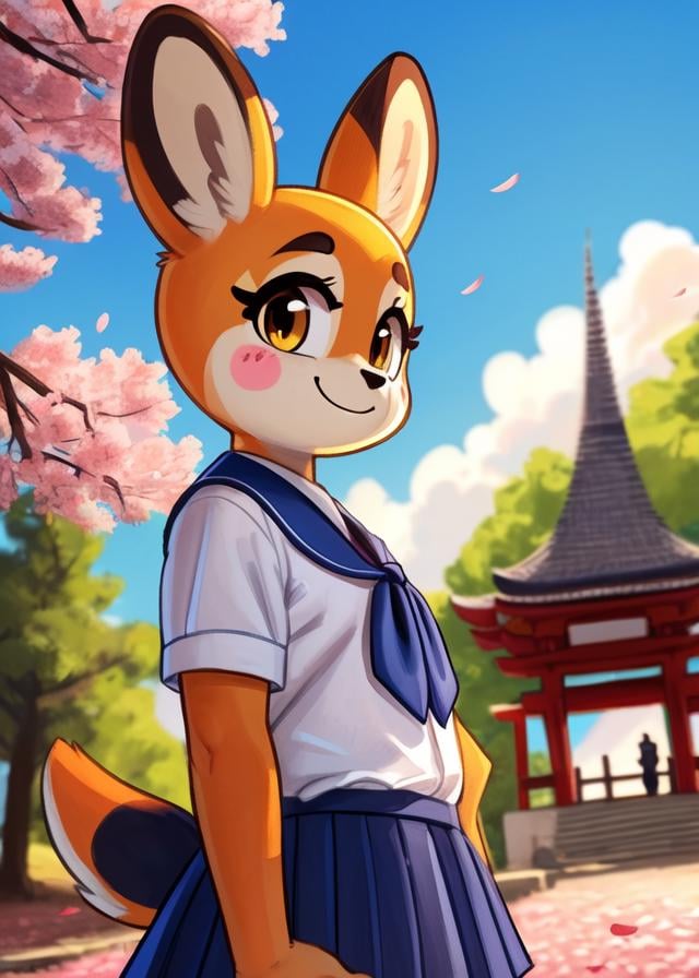 (by Mawmain, by Wamudraws, by Bgn), anthro (tsunoda \(aggretsuko\):1.25), deer, yellow eyes, fluffy, (blue school uniform, dutch angle), happy, hands on thighs, looking at viewer, (standing), (three-quarter view, three-quarter portrait:1.25), BREAK, summer day, island, shrine, cherry blossom, leaf, cloud, foreground, ambient silhouette, backlighting, detailed background, depth of field, masterpiece, best quality, light, 4k, 2k, (high detail:1.25), shaded, photography