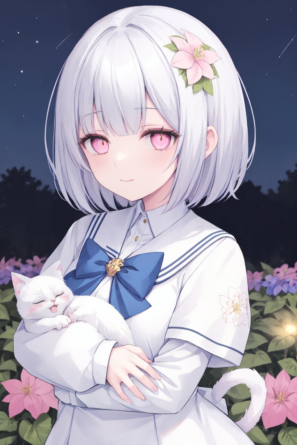 Cat Sailor Schoolgirl,short silver hair,pink bowtie,night,glowing flower garden,