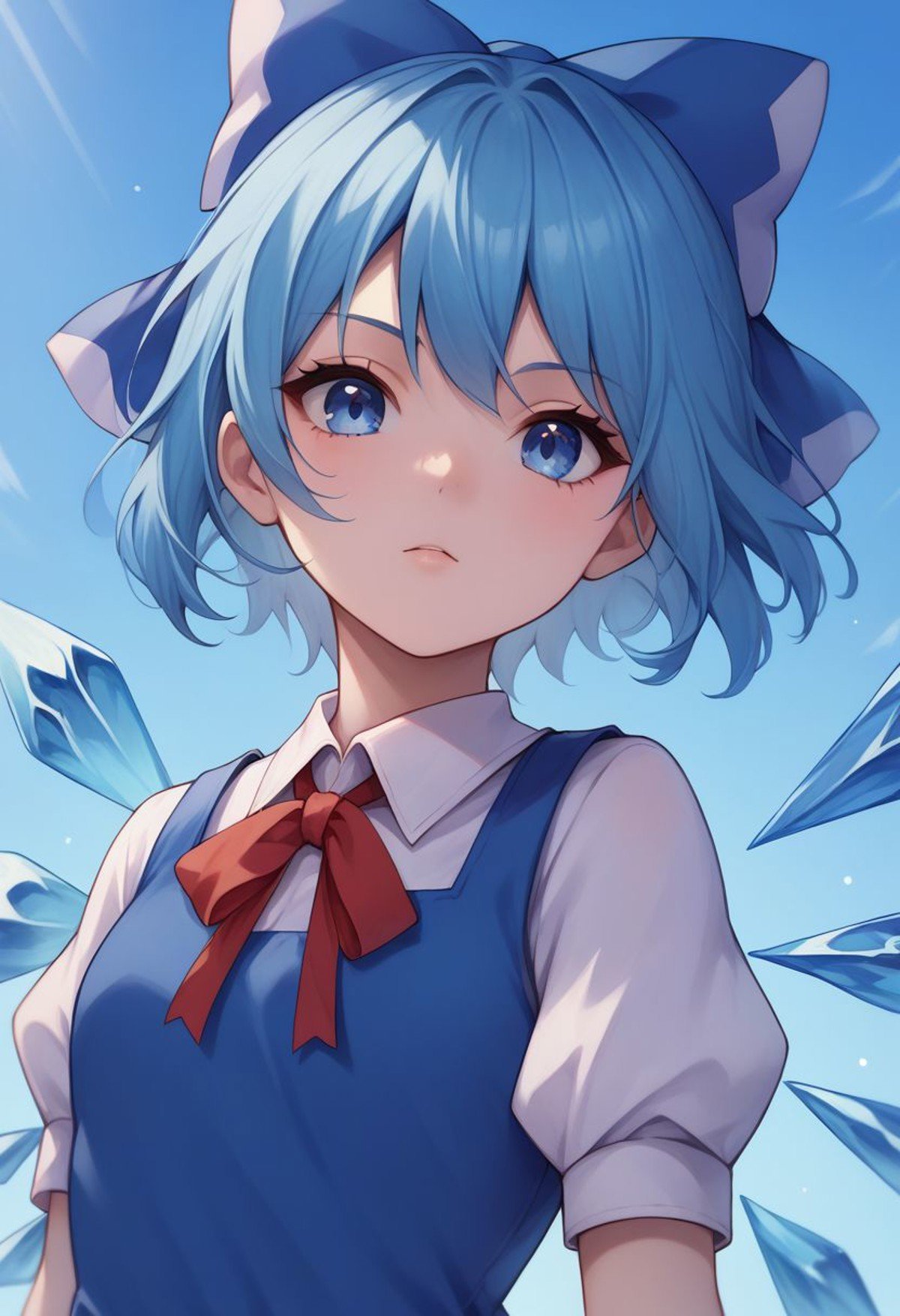 score_9, score_8_up, source_anime, highly detailed, cirno, 1girl, solo, wings, blue eyes, dress, bow, ice wings, blue hair, ice, blue dress, short sleeves, blue bow, short hair, hair bow, puffy sleeves, red ribbon, upper body,outdoor,