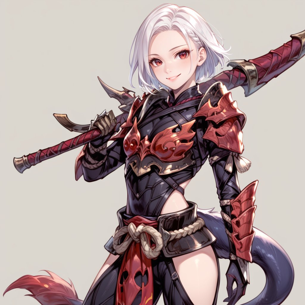 (score_9:0.9),score_8_up,score_7_up,anime style,rating_safe,(zPDXL),<lora:Odogaron Armor Beta ponyXL v1:0.7>,odogaron beta armor,red gauntlets,1girl,red eyes,solo,smile,white hair,looking at viewer,weapon,short hair,simple background,grey background,tail,