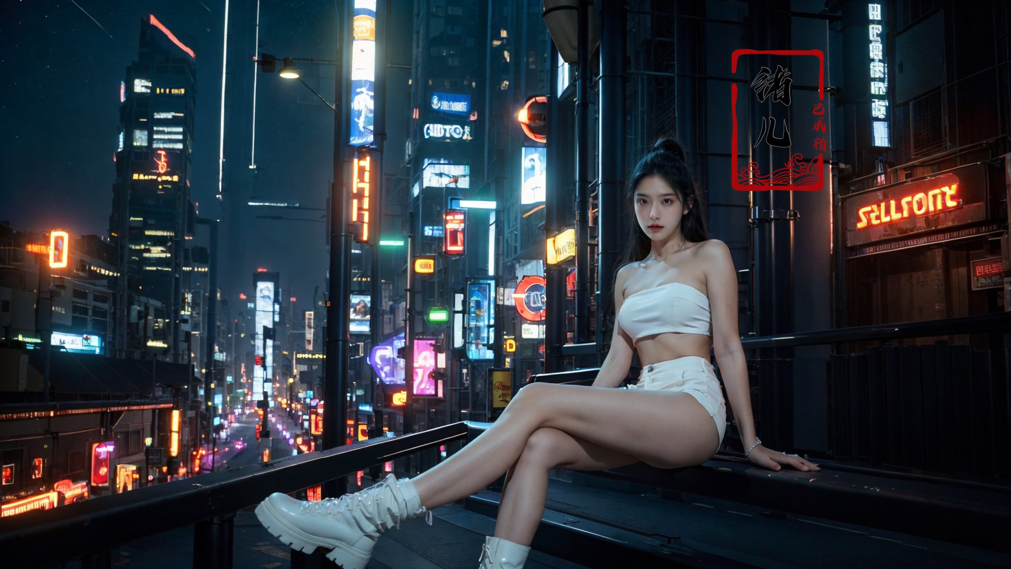 blurry, blurry_background, blurry_foreground, depth_of_field, motion_blur,1girl, cyberpunk, solo, science fiction, city, neon lights, sitting, night, building, strapless, breasts, hologram, skyscraper, boots, long hair, cityscape, thighhighs, sky, black hair, scenery, white footwear，(glow, light pollution:1.5)，(solo focus:1.7)，  <lora:绪儿-赛博城市场景 science cyber:0.7>