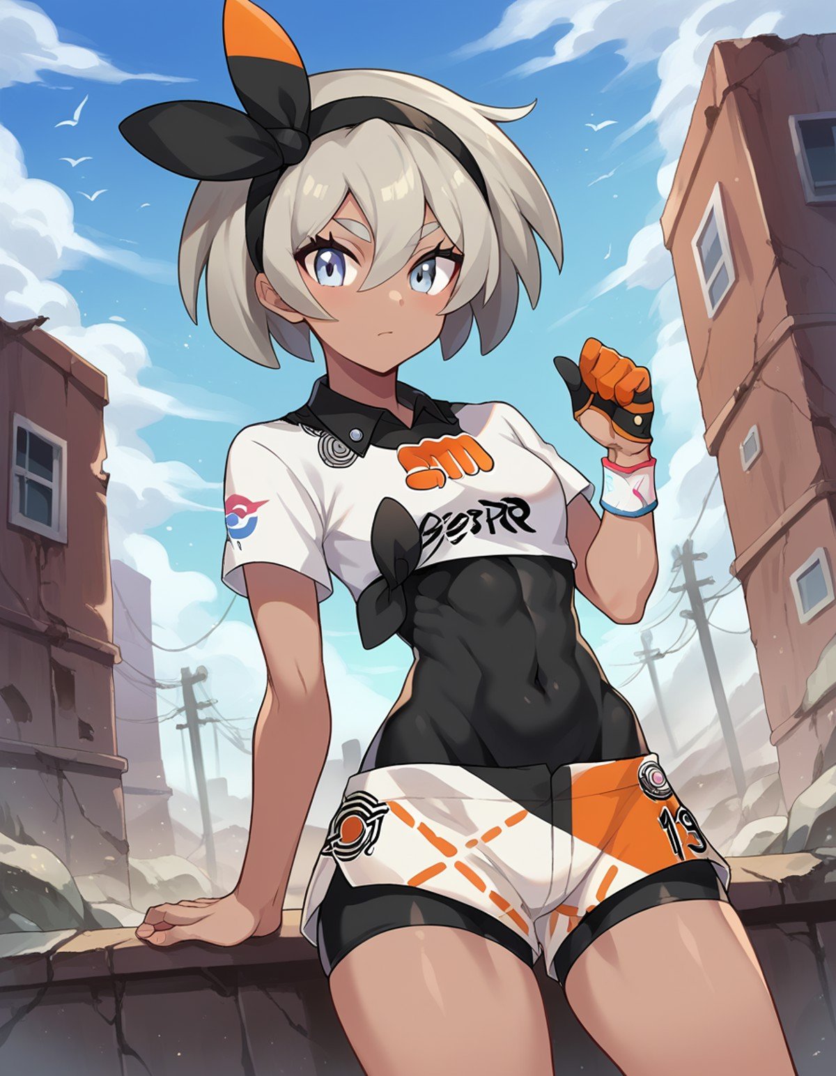 score_9, score_8_up, score_7_up, source_anime,pokemonbea, <lora:pokemon-bea-ponyxl-lora-nochekaiser:1>pokemonbea, blue eyes, dark skin, dark-skinned female, grey hair, hair between eyes, short hair, ribbon, hair ribbon, hairband, black ribbon, black hairband,bodysuit, covered navel, shorts, single glove, glove, crop top, white shirt, short sleeves, collar, white shorts,outdoors, wasteland,looking at viewer, cowboy shot, dutch angle,