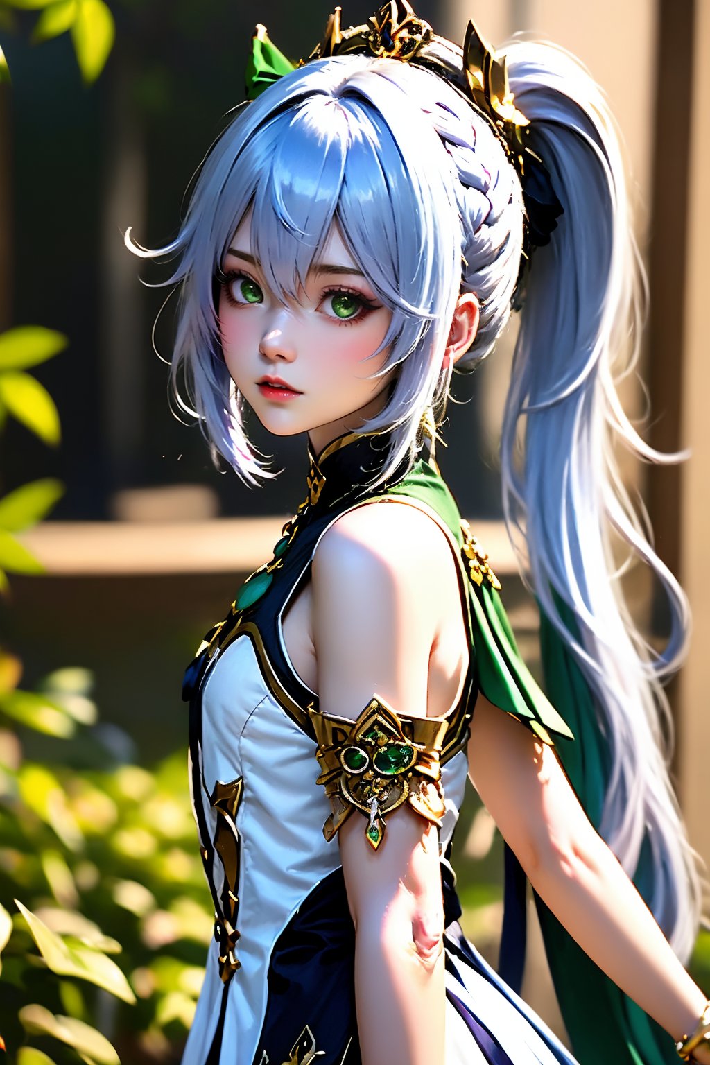 1girl, nahida \(genshin impact\), solo, pointy ears, green eyes, looking at viewer, green cape, side ponytail, hair ornament, white hair, leaf hair ornament, dress, white dress, blurry, braid, blurry background, cape, lips, hair between eyes, multicolored hair, cross-shaped pupils, symbol-shaped pupils, sleeveless, gold trim, bare shoulders, breasts, sleeveless dress, indoors, gradient hair, small breasts, from side, upper body, green hair, blush, parted lips, detached sleeves, bracelet, long hair, sidelocks, plant, aged up, depth of field, nose, jewelry, artist name, armlet, crown braid, green gemstone, closed mouth, looking to the side, short sleeves, leaf, realistic, window, flower, colored tips, backlighting, arms at sides