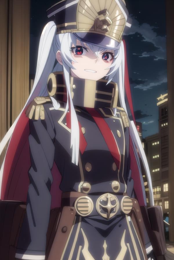 recreatorsaltair, <lora:recreators altair s1-lora-nochekaiser:1>, altair, long hair, (red eyes:1.3), very long hair, white hair, smile, grin,BREAK gloves, hat, uniform, military, military uniform, shako cap,BREAK outdoor, city, night, sky, buildings, moon, clouds,BREAK looking at viewer, (cowboy shot:1.5),BREAK <lyco:GoodHands-beta2:1>, (masterpiece:1.2), best quality, high resolution, unity 8k wallpaper, (illustration:0.8), (beautiful detailed eyes:1.6), extremely detailed face, perfect lighting, extremely detailed CG, (perfect hands, perfect anatomy),