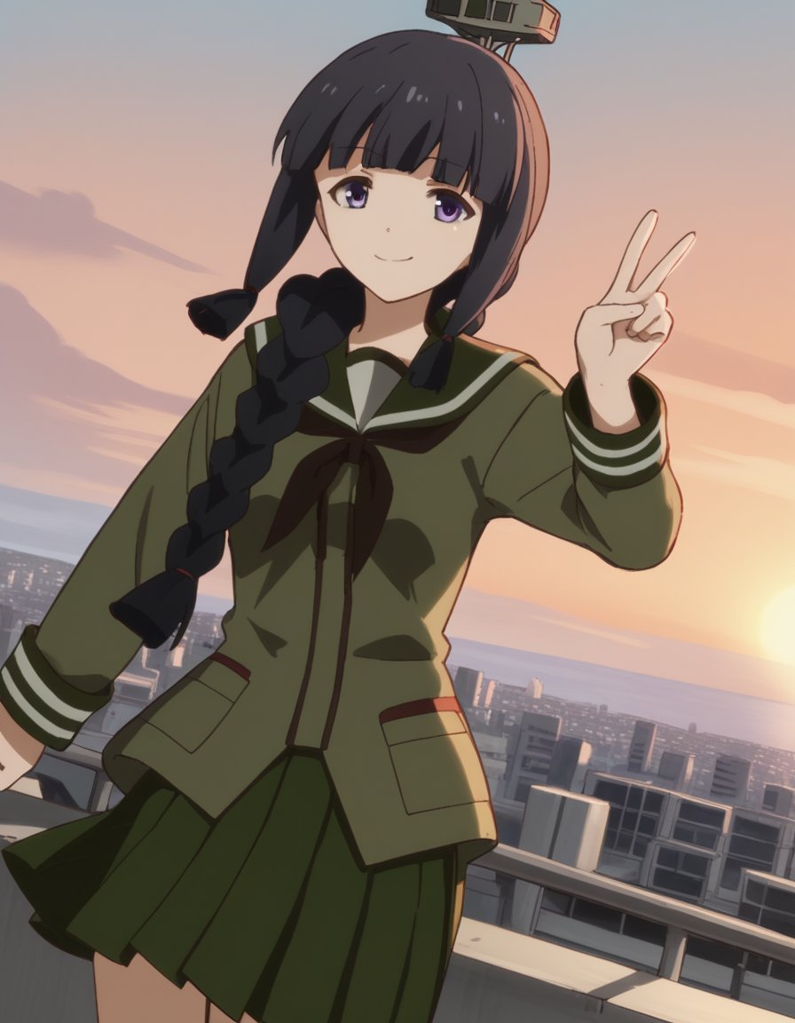 score_9, score_8_up, score_7_up, source_anime, <lora:kancolle-kitakami-s1-ponyxl-lora-nochekaiser:1>, kitakami, long hair, bangs, black hair, purple eyes, braid, blunt bangs, single braid, hair over shoulder, kitakami (kancolle), skirt, school uniform, serafuku, green skirt, pleated skirt, green shirt, green sailor collar, rooftop, sunset, cityscape, quiet moment, wind blowing, contemplative, smile, looking at viewer, v, v over mouth, smug,, solo,, cowboy shot, dutch angle