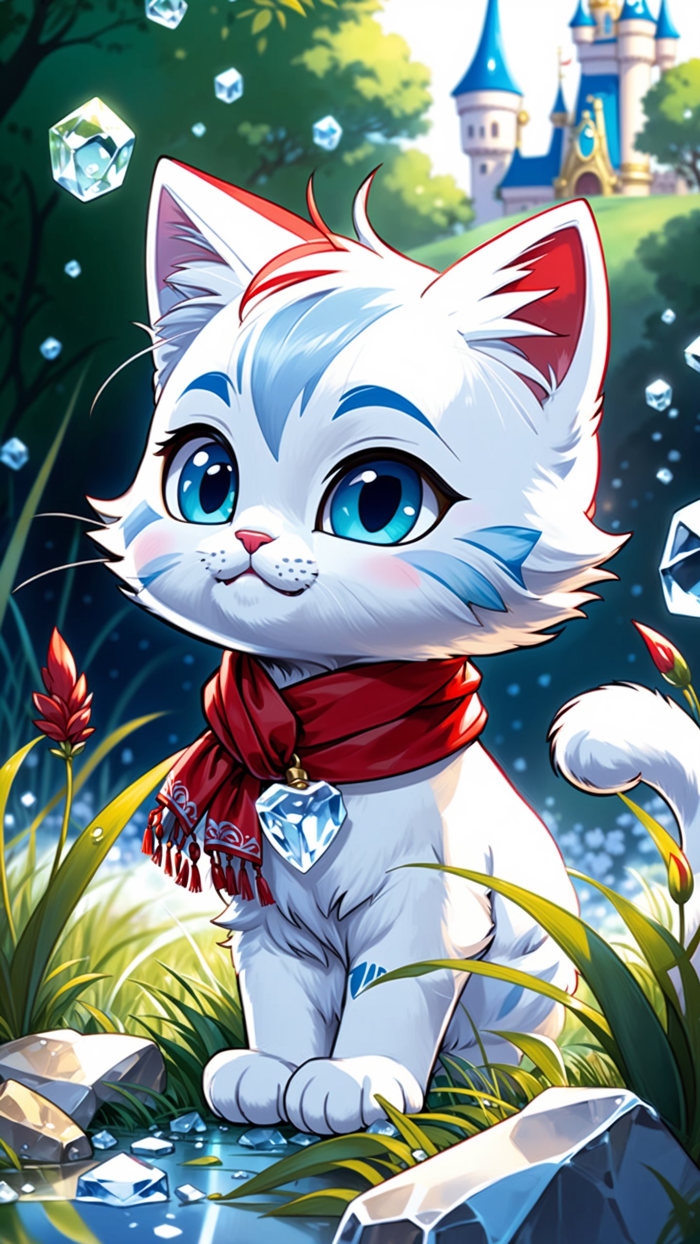 chibi, masterpiece, best quality, original, official art,1cat,red scarf, grass, blurred background, cartoon rendering, beautiful detailed glow, (detailed ice), beautiful detailed water, and I want the Disney Pixar style in a white background painted by watercolor, anime style