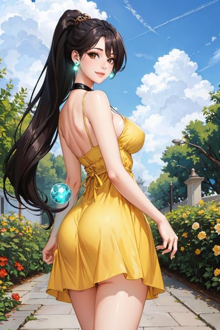 masterpiece, best quality, 1girl,  <lora:valorantsage-nvwls-v1-000009:0.9> valorantSage, ponytail, earrings, large breasts, yellow sundress, from behind, smile, blue sky, looking at viewer, garden  <lora:edgChamYellowSundress:0.4> edgYSD,woman wearing a yellow sundress