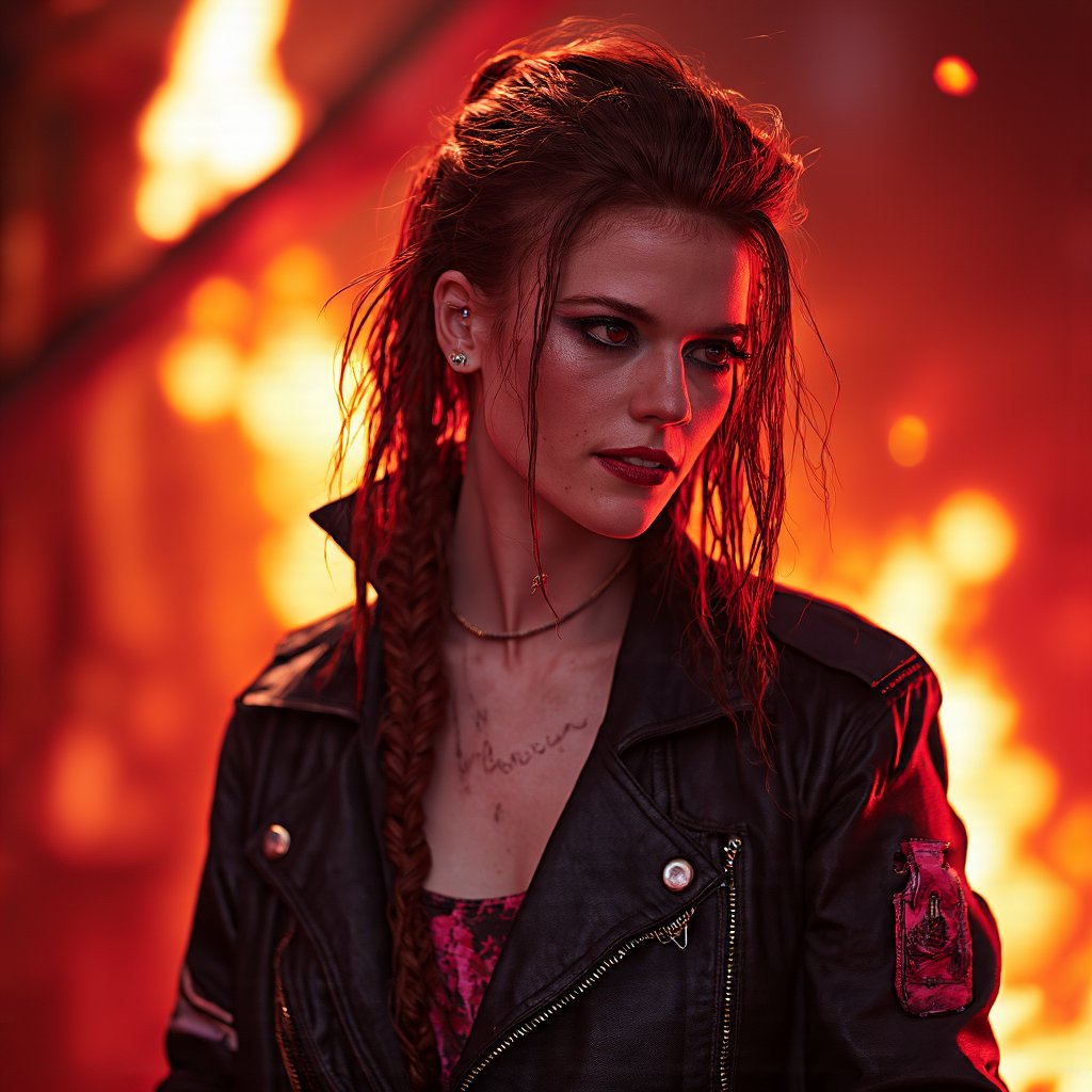 A vivid portrayal of rose_leslie character with striking red eyes, braided hair, and a fierce expression. She wears a black leather jacket with a pink emblem on the right side. Her makeup is dramatic, featuring dark, smeared face paint and red eyeshadow. The background is a fiery blend of red and orange hues, depicting a chaotic and intense atmosphere. The style resembles a fantasy or cyberpunk aesthetic, emphasizing dramatic lighting and shadow play.