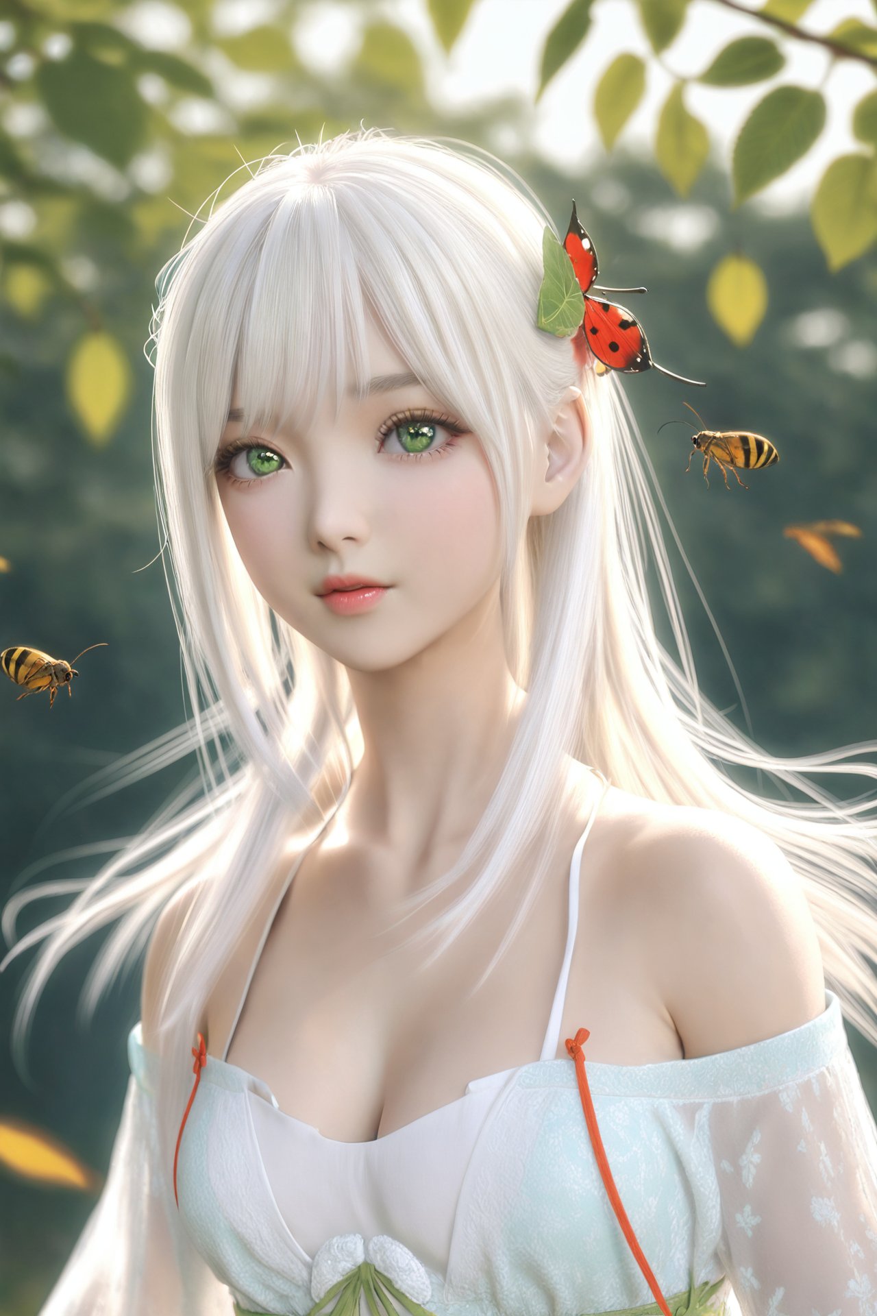 (masterpiece),(best quality),illustration,ultra detailed,hdr,Depth of field,(colorful),realistic,loli,1girl,solo,long hair,green eyes,blonde hair,hair ornament,bare shoulders,hanfu,breasts,dress,chinese clothes,white hair,upper body,leaf,bug,cleavage,white dress,