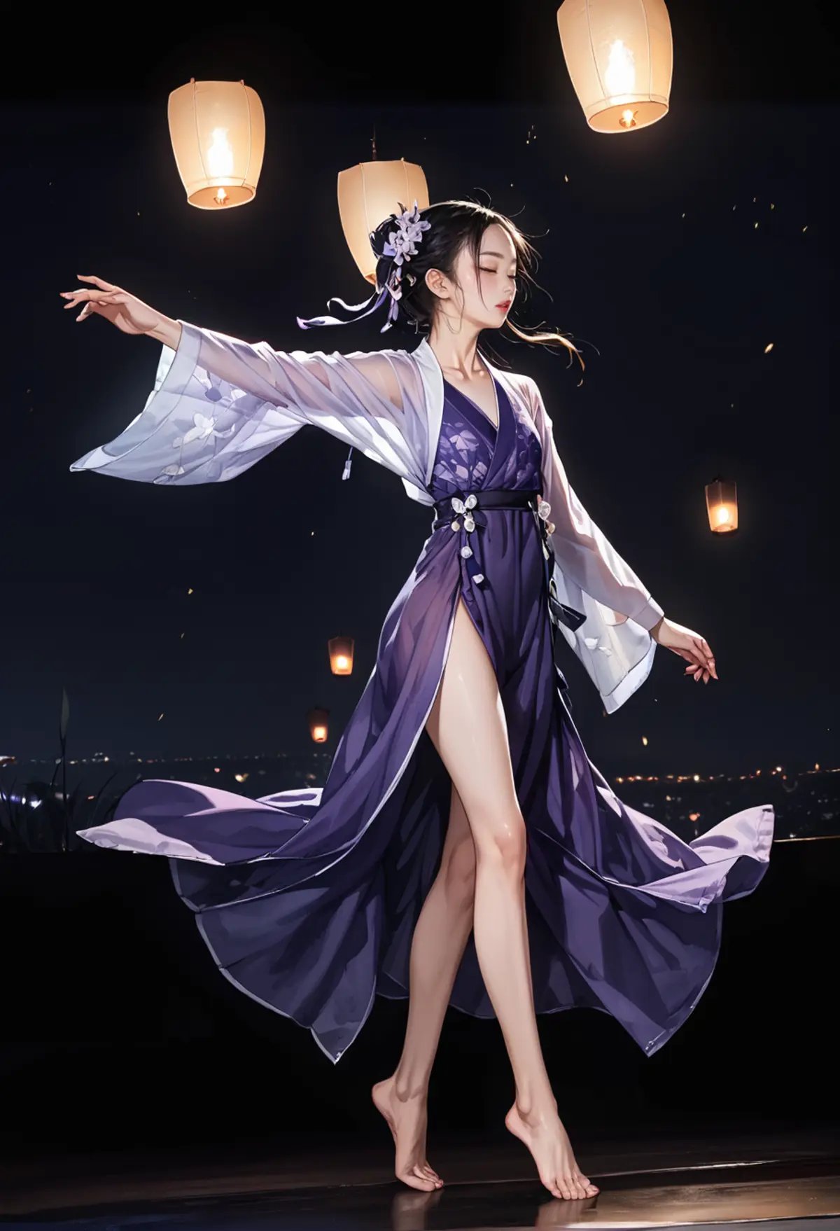 ,ruanyi0799,lantern,glowing,night sky,no humans,,ruanyi0752,hanfu,purple dress,see-through,wide sleeves,dancing,barefoot,<lora:0799 Kongming lantern_v1_pony:1>,<lora:0752 Wisteria butterfly hanfu_v1_pony:0.7>, score_9,score_8_up,score_7_up,,8k,1girl,solo,,