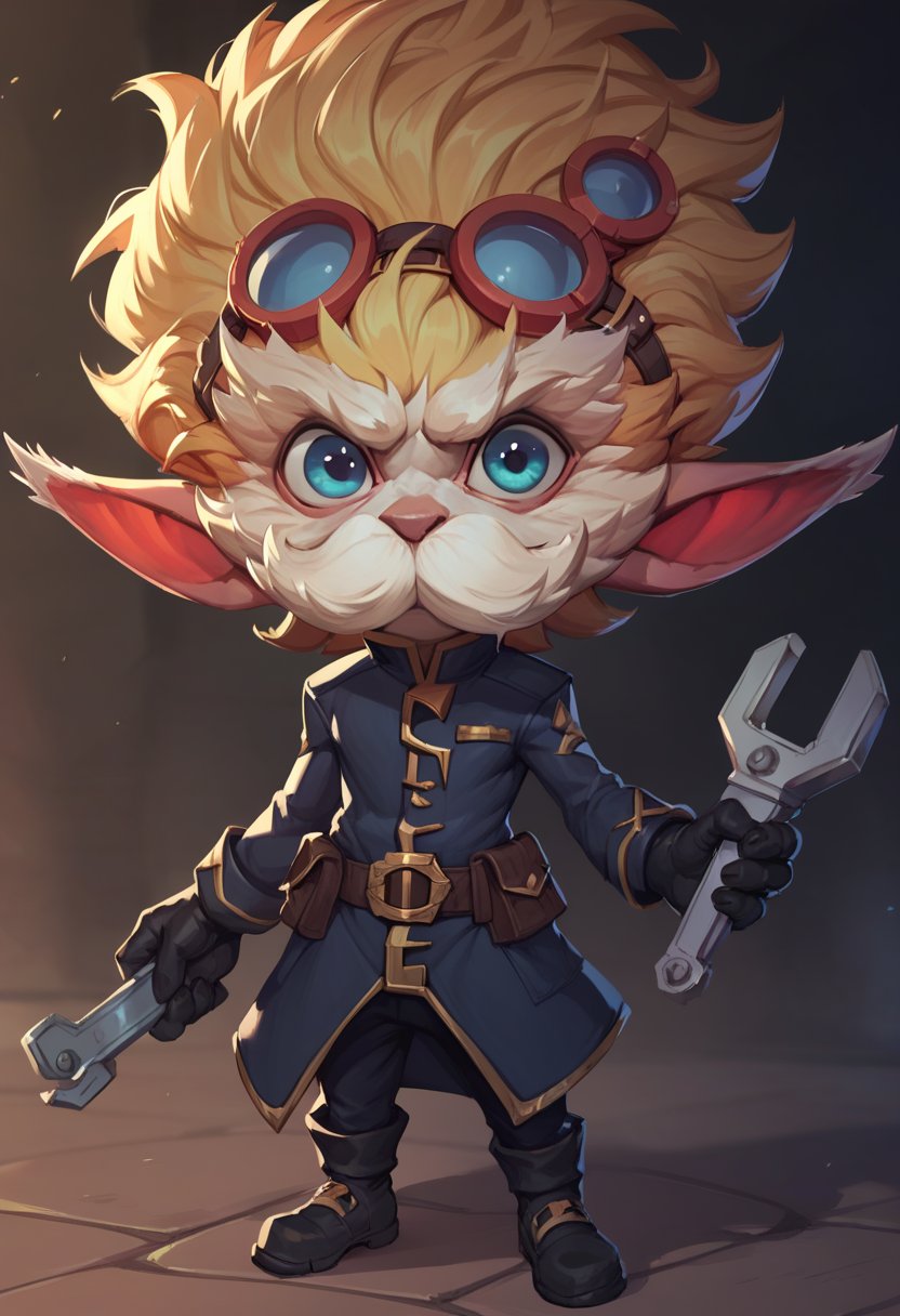 score_9, score_8_up, score_7_up, score_6_up, h3im3rding3r, 1boy, male focus, yordle, blonde hair, pointy ears, mustache, belt, pants, black gloves, gloves, black footwear, <lora:Heimerdinger_Default_v1:0.7>, solo, looking at viewer, goggles, excited, holding wrench