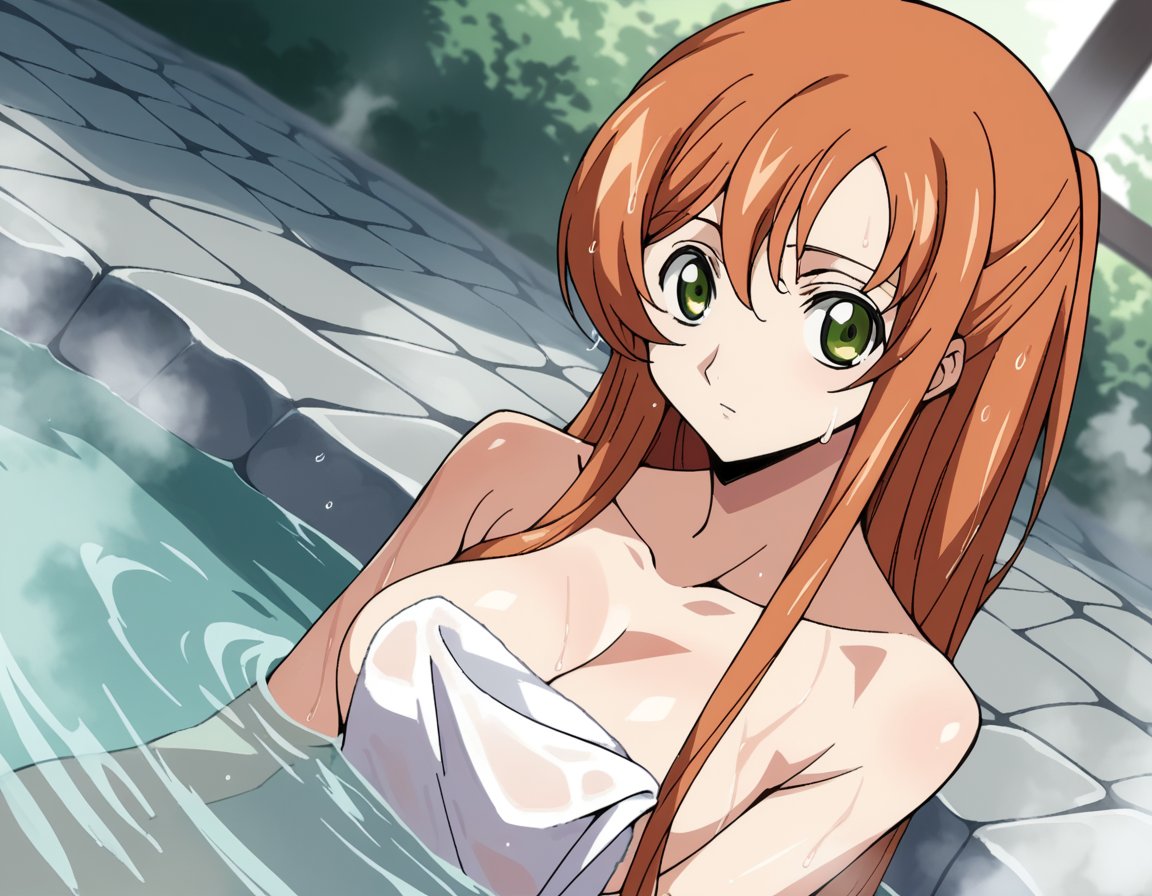 score_9, score_8_up, score_7_up, source_anime,shirleyfenette, <lora:shirley-fenette-s1-ponyxl-lora-nochekaiser:1>,shirley fenette, orange hair, green eyes, half updo, long hair,nude, naked, outdoors, onsen, towel, naked towel, steam, bathing, nude cover, partially submerged, water, bath, steam censor, wet towel,looking at viewer, dutch angle, cowboy shot, solo,