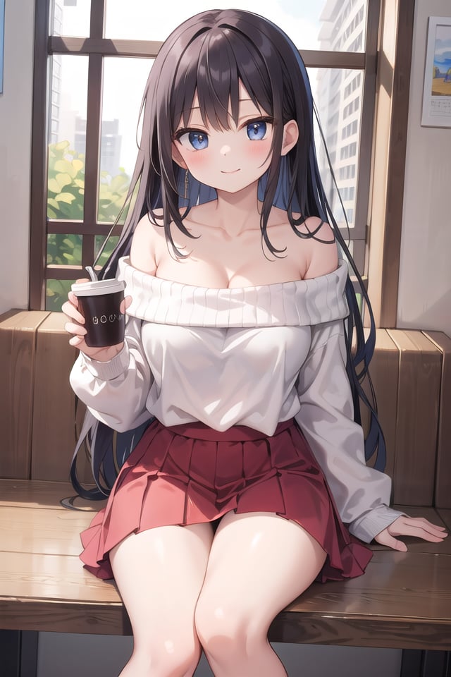 insanely detailed, absurdres, ultra-highres, ultra-detailed, best quality,1girl, solo, nice hands, perfect hands,BREAKwearing sweater, off shoulder sweater, one piece sweater, sweater with long sleeves, bare shoulder, collarbone, red skirtBREAKhappy smile, laugh, closed mouth,sitting, holding coffee cup,from below, cowboy shot, looking at viewerBREAKslender, kawaii, perfect symmetrical face, ultra cute girl, ultra cute face, ultra detailed eyes, ultra detailed hair, ultra cute, ultra beautiful,BREAKindoors, in coffee shopBREAKlarge breasts, black hair, long hair, black eyes