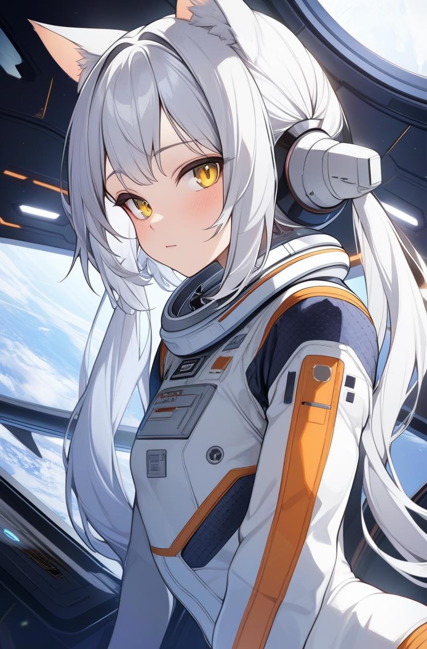 masterpiece, best quality, 1girl, spacecraft interior, spacesuit, upper body, from side, science fiction, yellow eyes, twintails, silver hair, cat ears, looking at viewer,