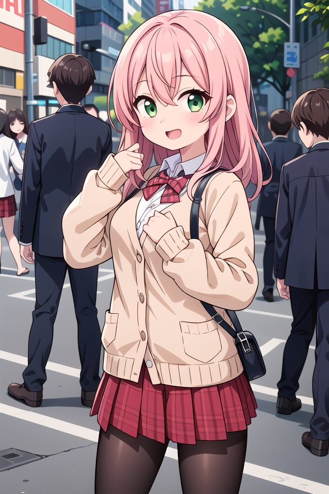 insanely detailed, absurdres, ultra-highres, ultra-detailed, best quality,1girl, solo, nice hands, perfect handsBREAK(School Uniforms:1.2), (pink cardigan is fit body:1.4), ((do up a buttons, not loose):1.5), ((long sleeve, sleeves past wrists):1.2), (inner wear is white collared-shirt:1.3), (red plaid-pattern bow:1.3), (red plaid-pattern pleated skirt:1.3), ((dark-brown pantyhose, loafers):1.2), (nsfw:-1.5)BREAKhappy smile, laugh, open mouthBREAK,standing, cowboy shot, looking at viewerBREAKslender, kawaii, perfect symmetrical face, ultra cute girl, ultra cute face, ultra detailed eyes, ultra detailed hair, ultra cute, ultra beautifulBREAKshibuya, akihabara, tokyo, street, crowd, cityscape, depth of field, ultra detailed backgroundBREAKmedium breastsBREAKred hair, green eyes, long hair, hair between eyes