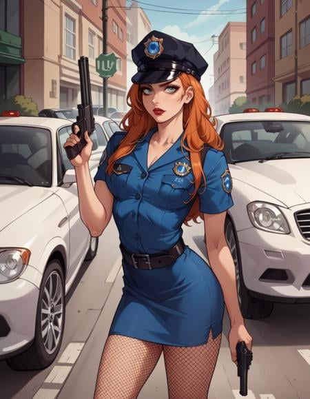 score_9, score_8_up, score_7_up, score_6_up, score_5_up, score_4_up, source_anime, best quality, solo, 1girl, makeup, lipstick, ginger hair,  hud_plce_wmn, short blue dress, short sleeves, belt, police hat, fishnets, badge, buttons, gun, <lora:policewoman-000007:0.6>, street, car, outdoors