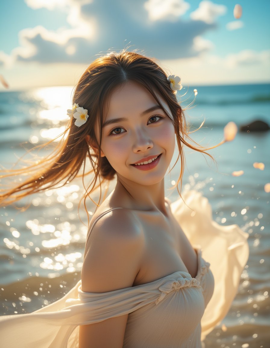 A masterpiece of the highest quality, featuring an upper body shot of an extremely delicate and beautiful young girl at the sea beach. The scene is filled with intricate and detailed elements: the beautiful water glistens with a crystalized effect, reflecting the golden sunlight as detailed waves ripple gently. The sky above is stunningly detailed, with fluttered clouds that seem to float effortlessly. The girl is surrounded by a glow effect, her wet body glistening as splashes of water flutter around her. She is draped in a fluttered fabric that dances in the wind, adding a sense of motion and grace. Her floating hair is adorned with delicate flowers, and she wears a charming smile as she looks directly at the viewer with shiny, blushing cheeks and glossy eyes. Blue bubbles and floating petals add to the dreamlike quality of the scene, all captured through the unique perspective of a fisheye lens. The sunlight creates lens flares and a warm, reflective sheen on her skin, while the detailed, realistic shadows and depth of field enhance the sense of realism. The medium breasts and slim figure of the girl are subtly highlighted, contributing to the overall composition of beauty and elegance