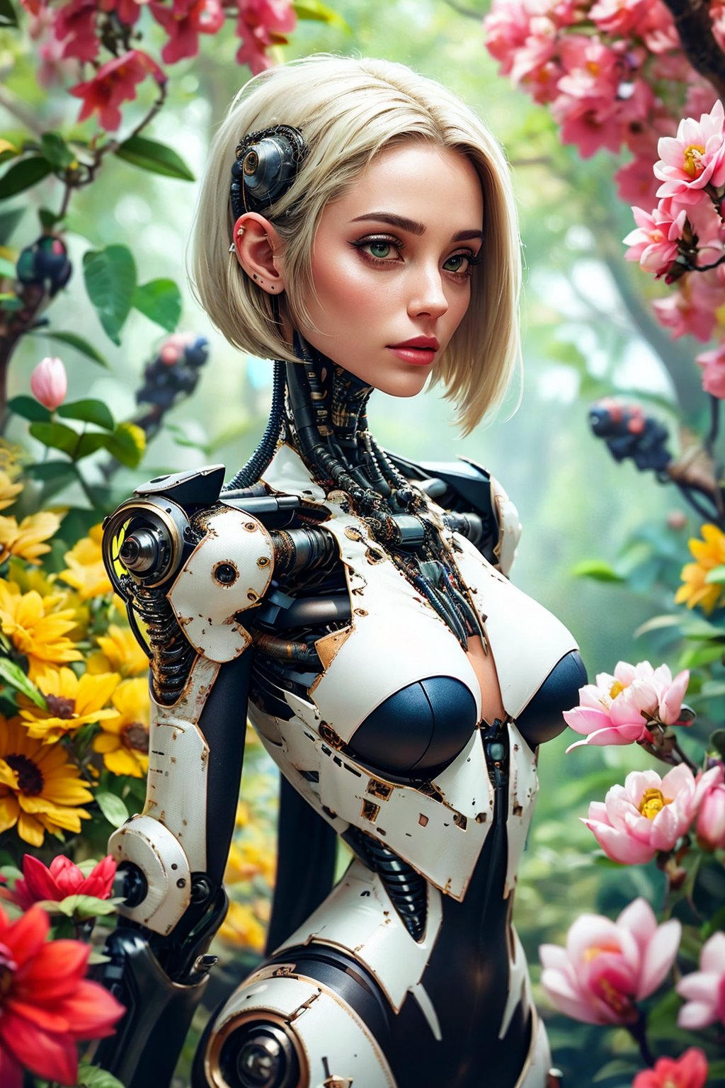 a girl  <lora:Reel_mechanical_parts_v_1_3:1>, reelmech, mechanical parts, absurdres, 8k uhd, platinum blonde hair, bob cut, medium breasts, black tshirt, denim shorts, garden background, flowers, magnolias, apple tree, close up portrait