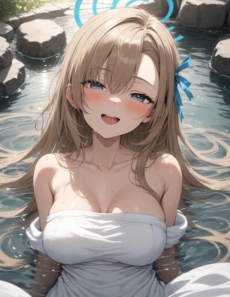 1girl,asuna \(blue archive\),blue archive,halo,(towel dress:1.3),  head back, lying on water, close up on face,from above,looking at viewer,seductive smile, half-closed eyes,open mouth, embarrassed,  sweat,onsen,vapor around, , ,, (masterpiece:1.2), (best quality:1.2), (very aesthetic:1.2), (absurdres:1.2), (detailed background:1.2),newest, (intricate details:1.2), cinematic angle, 