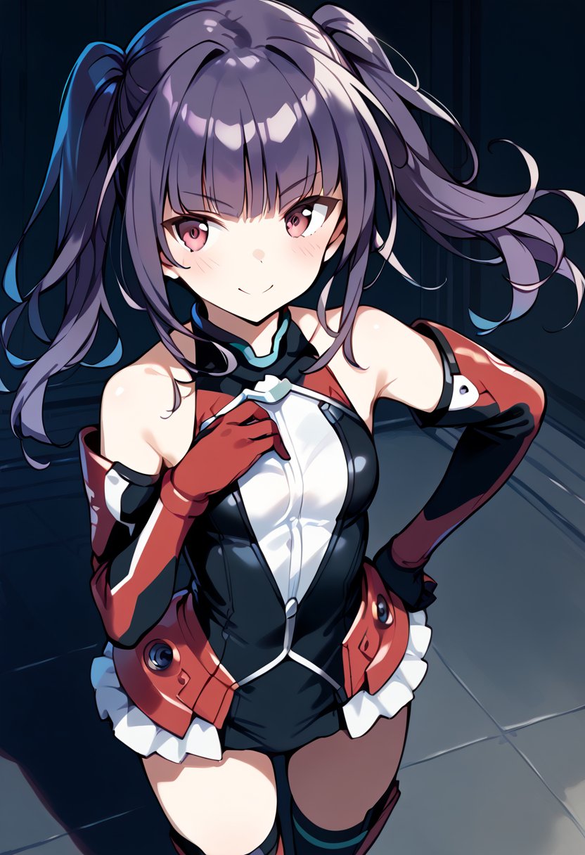 score_9, score_8_up, score_7_up, source_anime BREAKichijou ayaka, ace suit, 1girl, solo, twintails, smile, elbow gloves, bare shoulders, looking at viewer, hand on hip, red eyes, black gloves, long hair, eyebrows visible through hair, hand on own chest, purple hair, black skirt, black legwear, closed mouth, small breasts, collarbone, sidelocks, blush, v-shaped eyebrows, pleated skirt, cowboy shot, red legwear, faulds, miniskirt, black leotard, shiny hair, armpits, hand up, shiny, standing, halterneck, >:\), blunt bangs, zettai ryouiki, purple eyes, red gloves, tsurime, medium breasts, floating hair, microskirt, pink eyes, detached sleeves, covered collarbone, black dress, from above, frills, armor, sleeveless shirt, single elbow glove, sleeveless dress, layered skirt, hand on own hip, black thighhighs, red thighhighs, frilled skirt, multicolored clothes, indoors<lora:ichijou_ayaka_sdxl_pony_locon_v1:0.8>