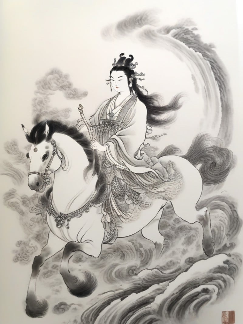 Chinese mythological characters, Mythological character story, riding a unicorn, holding a magic fairy. Best quality, ink style, excellent work, highest quality, excellent work, extreme detail.