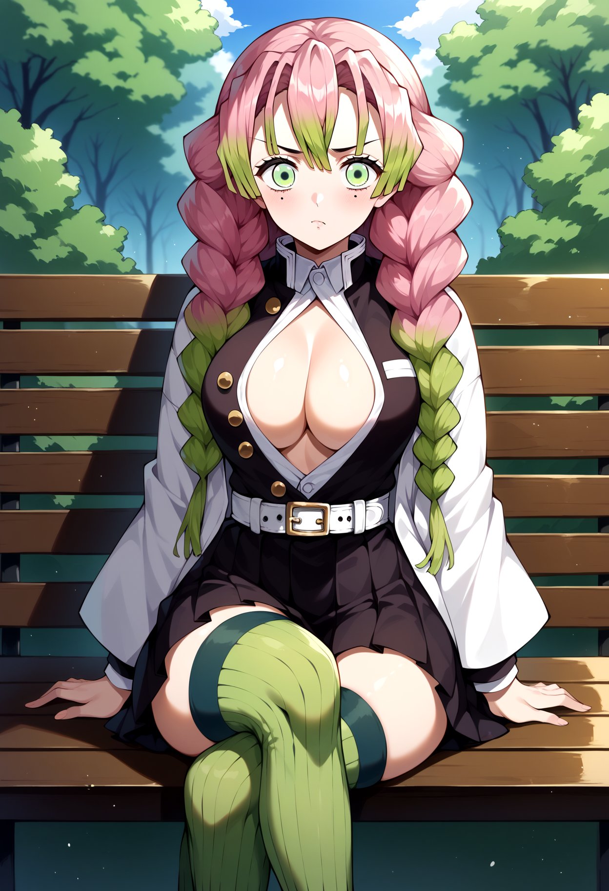 score_9, score_8_up, score_7_up, source_anime, aamitsuri, long hair, braid, multicolored hair, green eyes, mole under eye, large breasts, japanese clothes, cleavage, white jacket, haori, black shirt, open clothes, belt, pleated skirt, black skirt, green thighhighs, ribbed legwear, <lora:kanroji_mitsuri_ponyxl_v1:0.8>, outdoors, sitting, bench, crossed legs, pout