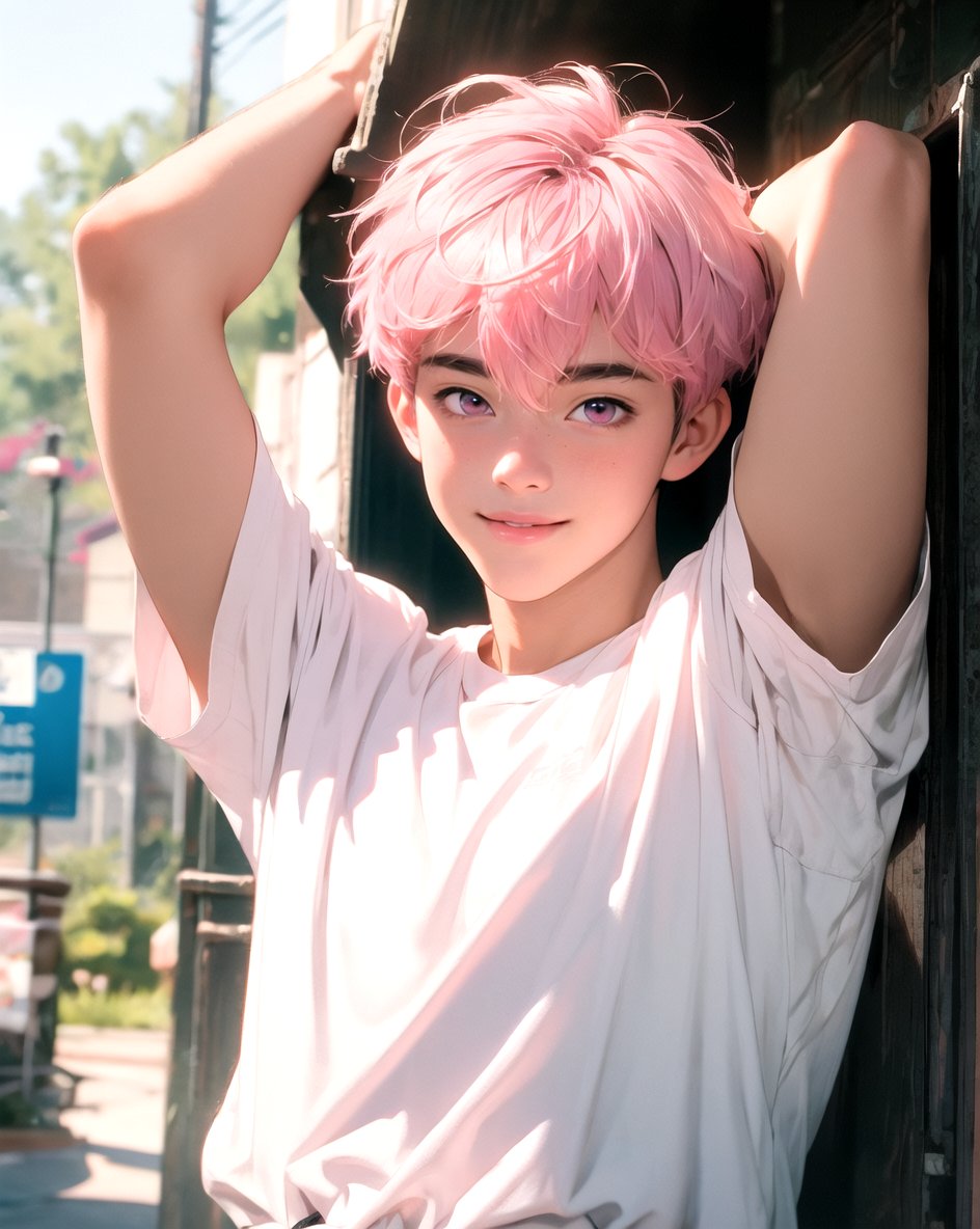 masterpiece, best quality, highly detailed background, perfect lighting, ((masterpiece)), depth of field, cinematic lighting, 1boy, Bamby, pink hair, solo, shirt, looking at viewer, pink eyes, smile, short hair, pants, <lora:more_details:0.1>,  <lora:Bamby:0.8>, arms up, 