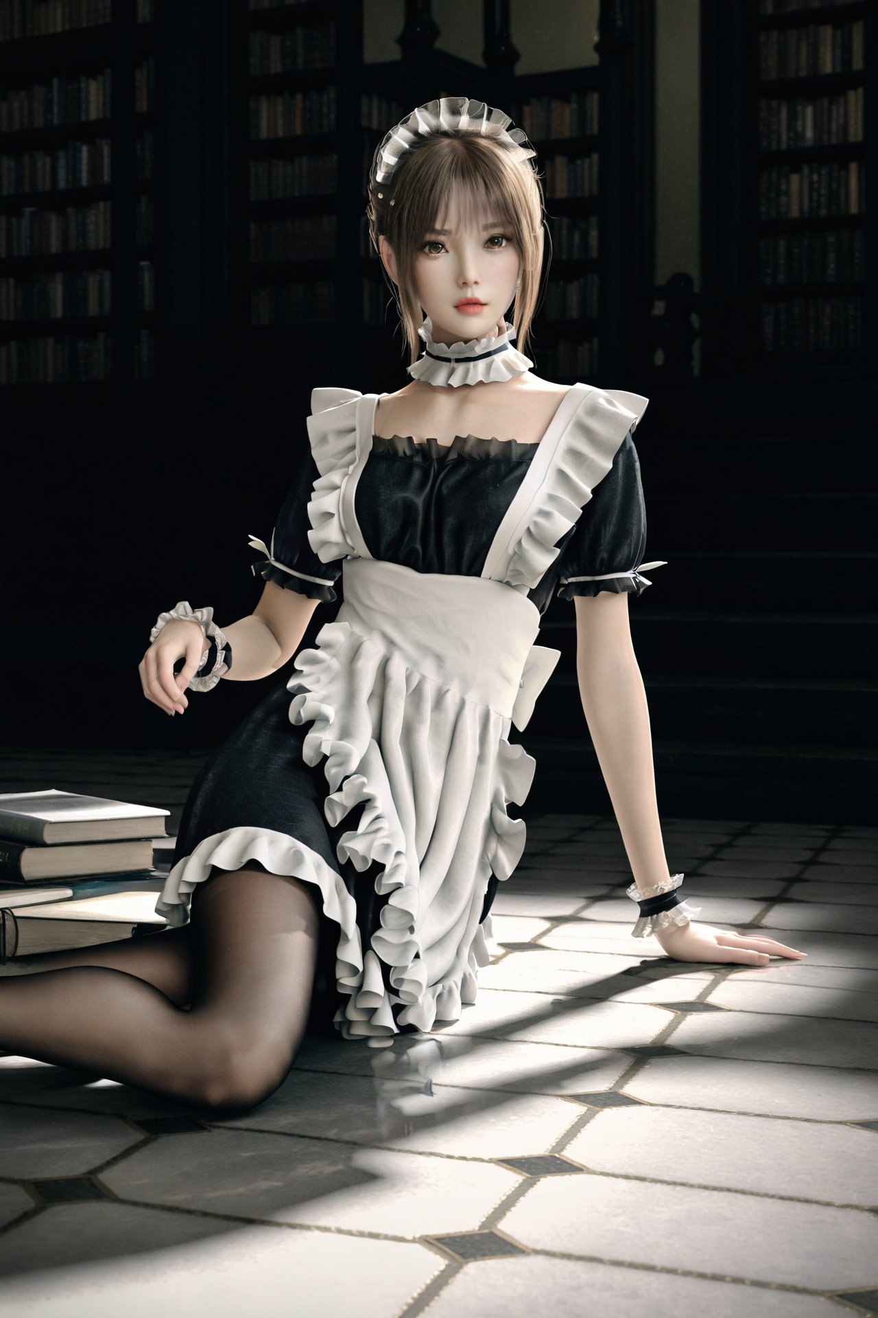 (masterpiece),(best quality),illustration,ultra detailed,hdr,Depth of field,(colorful),realistic,1girl,solo,maid,pantyhose,maid headdress,on floor,realistic,apron,black pantyhose,brown hair,cuffs,frills,dress,bookshelf,choker,arm support,book,wrist cuffs,maid apron,looking at viewer,short sleeves,indoors,short hair,brown eyes,chain,lips,black dress,blonde hair,