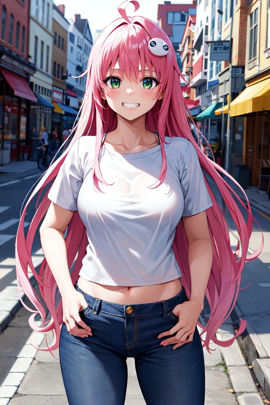 masterpiece, best quality, highres, aalala, long hair, ahoge, hair ornament, green eyes, breasts, <lora:lala_satalin_deviluke_v1:0.7>, t-shirt, white shirt, midriff, jean, street, hands in pockets, grin