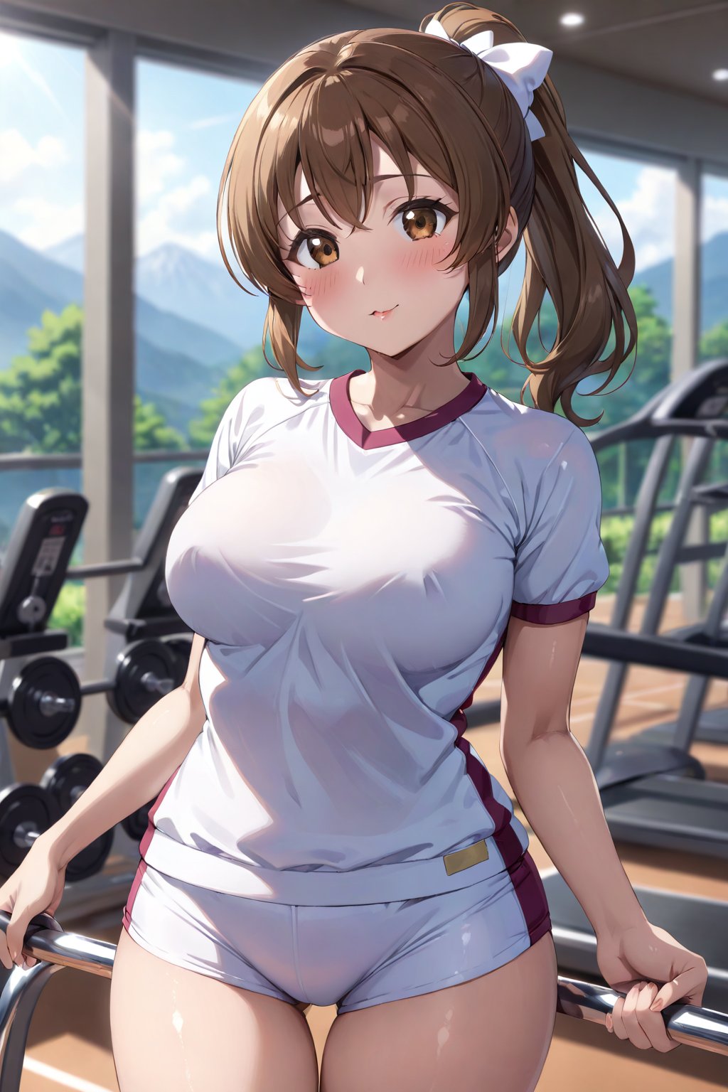 cowboy shot, sunohara shizuka,solo, ponytail, gym uniform, gym, looking at viewer, white hair_bow, medium breasts, brown hair, brown eyes, masterpiece, perfect face, best quality, beautiful girl, blurry background, cute girl, beautiful eyes, shiny eyes, absurdres,<lora:sunohara shizuka blue 3:1>