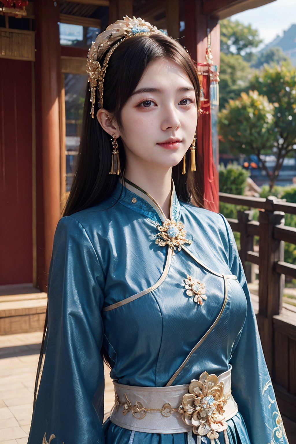 CAFC,1girl,solo,long hair,blue clothes,earrings,jewelry,hair accessories,upper body,suburban scenery,east asian,chinese style architecture,