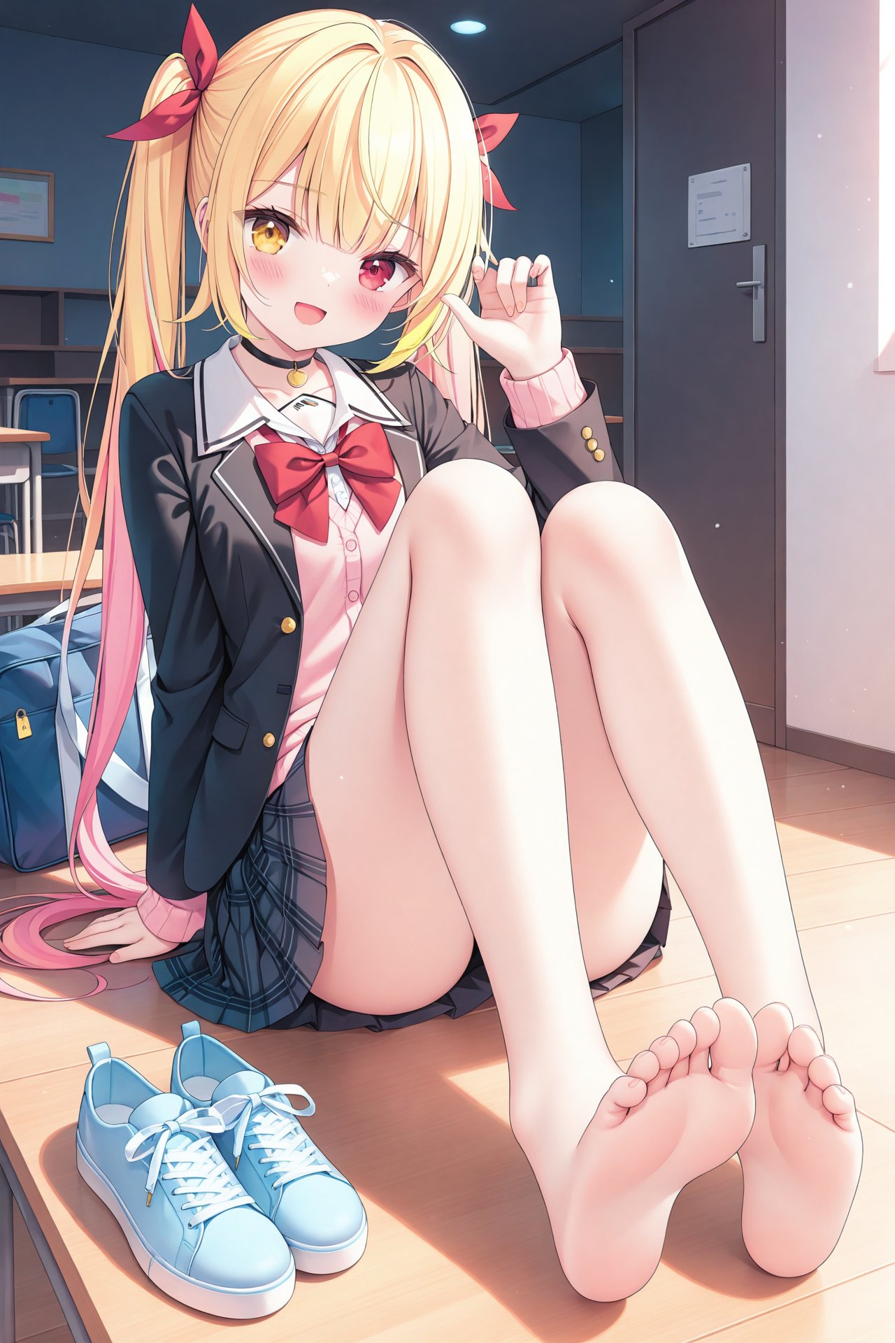 masterpiece,best quality,illustration,ultra detailed,hdr,Depth of field,(colorful),[Artist chen bin],1girl,hoshikawa sara,virtual youtuber,blonde hair,barefoot,toes,solo,feet,shoes,jacket,soles,sitting,school uniform,unworn shoes,skirt,twintails,heterochromia,foot focus,looking at viewer,bowtie,bow,choker,yellow eyes,ribbon,shirt,multicolored hair,smile,red bow,open mouth,hair ribbon,black choker,indoors,red bowtie,gradient hair,bare legs,legs,red eyes,long hair,collared shirt,pink hair,pink sweater,bag,long sleeves,black jacket,blazer,white shirt,hand up,red ribbon,pink cardigan,foreshortening,pleated skirt,blush,desk,school bag,