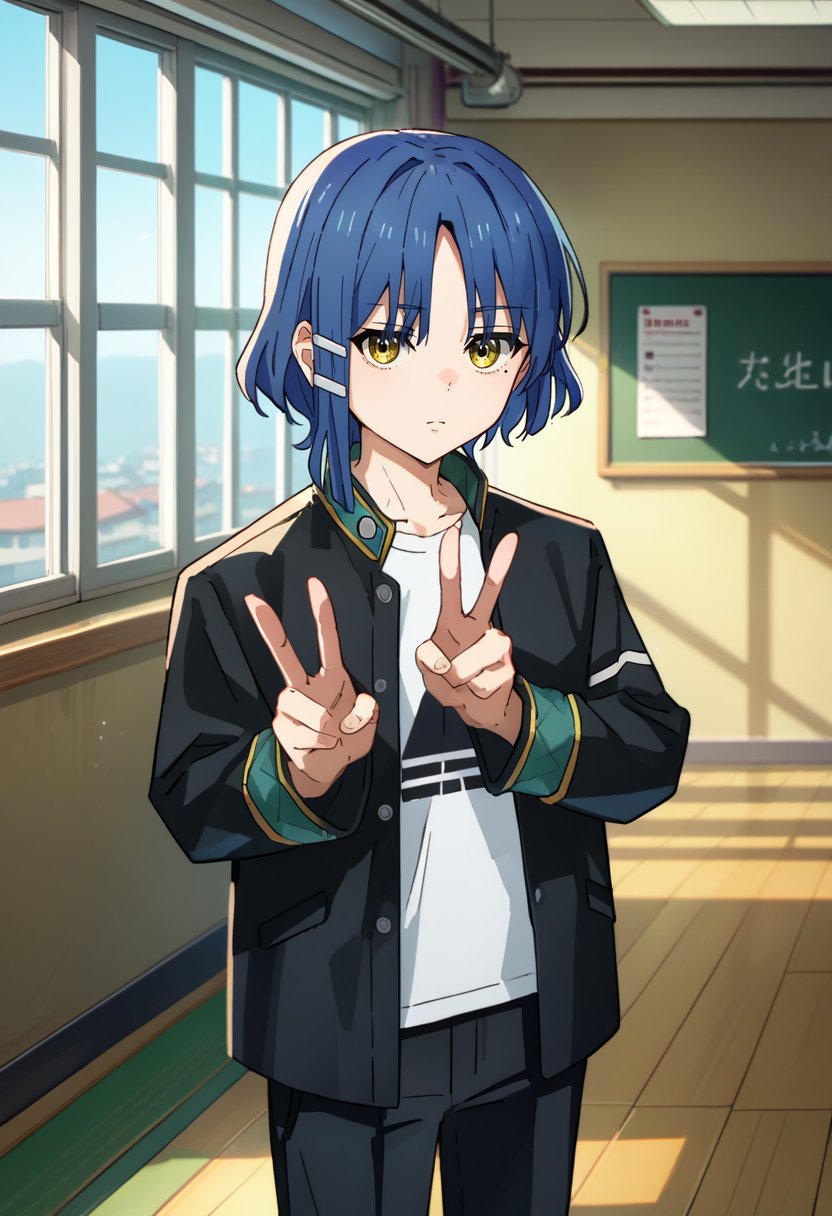 score_9, score_8_up, score_7_up, source_anime, solo, 1girl, yamada ryo, mole under eye, expressionless, looking at viewer, standing, double v, blue hair, hairclip, furinuniform, black jacket, open jacket, long sleeves, black shirt, black pants, indoors, classroom <lora:attire_furinhighuniform_ponyXL:1> <lora:bocchi_yamada_ponyXL:1>