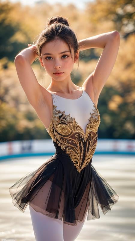 (masterpiece, best quality, highres:1.2), (photorealistic:1.2), raw photo, (1 cute ballerina girl), skinny, black bobbed hair, small perfect tits, arms over head, high decorated classical ballerina dress, high textures, ornaments, softlight passing through hair, (Central Park, New York ice skating rink background:1.3), (sharp), (film grain:1.3), (morbid light:1.2), (dynamic angle), exposure blend, bokeh, (hdr:1.4), high contrast, (muted colors, dim colors, soothing tones:1.3), low saturation, morbid