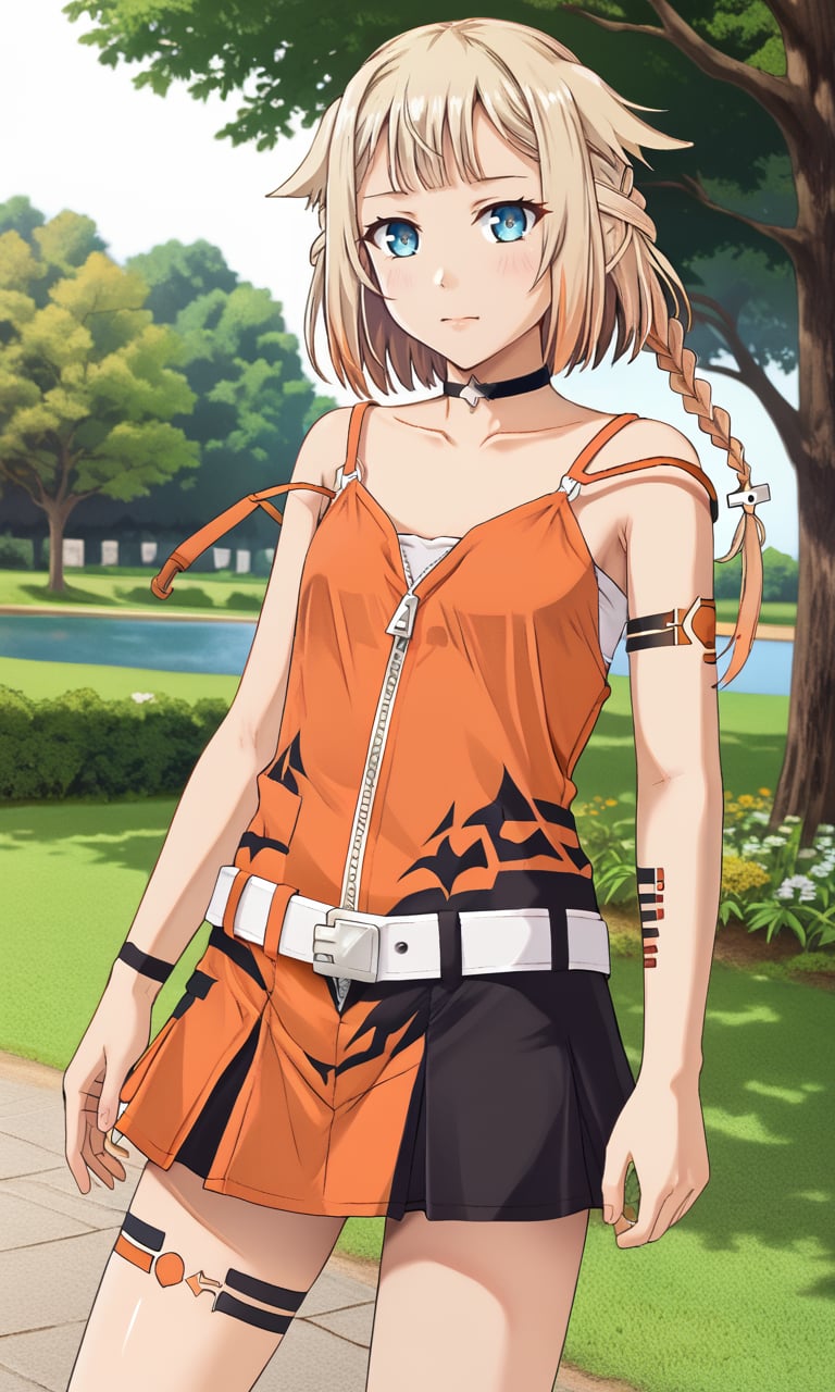 full body, park <lora:ONE_CeVIO:1> ONE_CeVIO,blue eyes,blonde,orange tint,single braid,hair flaps,emblem choker,bare shoulders,single sleeve, detached sleeve,orange shirt,spaghetti strap,arm tattoo,leg tattoo,zipper,belt,black skirt,asymmetrical legwear,single black thighhigh,white knee boots