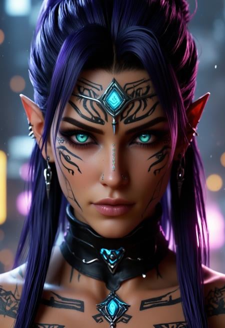 photo of a cyberpunk barbarian Battlecore woman with glowing opalescent third eye, highly detailed glowing Elvish runes tattooed to the irises, glowing Elvish, Stealth Skin, runes on cheeks, runes on jaw line, runes on ears, runes on forehead,