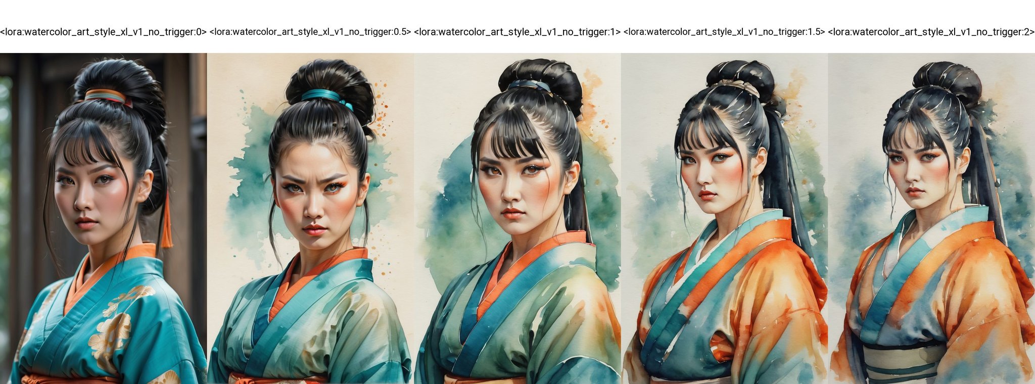 (best quality, 4K, 8K, high-resolution, masterpiece), ultra-detailed, realistic, photorealistic, illustration of a fierce warrior woman, standing confidently, looking at the viewer, black hair in a high ponytail, bangs framing the face, wearing a teal and orange kimono, black top, traditional Japanese attire, detailed facial features, intense gaze, medium breasts, upper body, intricate clothing design, high detail, high resolution.<lora:watercolor_art_style_xl_v1_no_trigger:0>