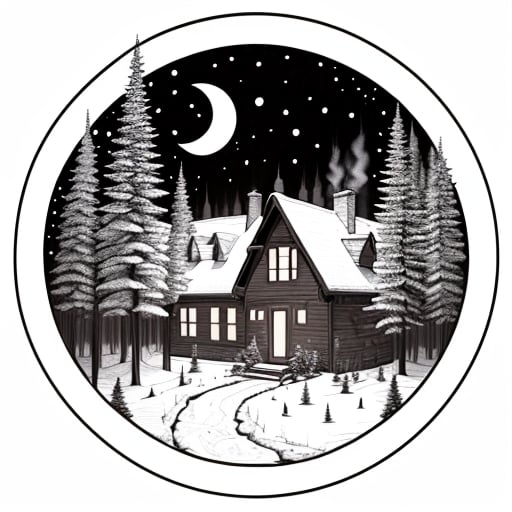 <lora:MinTattoo15-000031:1>,drawing of a minimalist tattoo, outdoors, sky, window, night, scenery, snow, forest, house, crescent moon, bare tree, circle, chimney, smoke