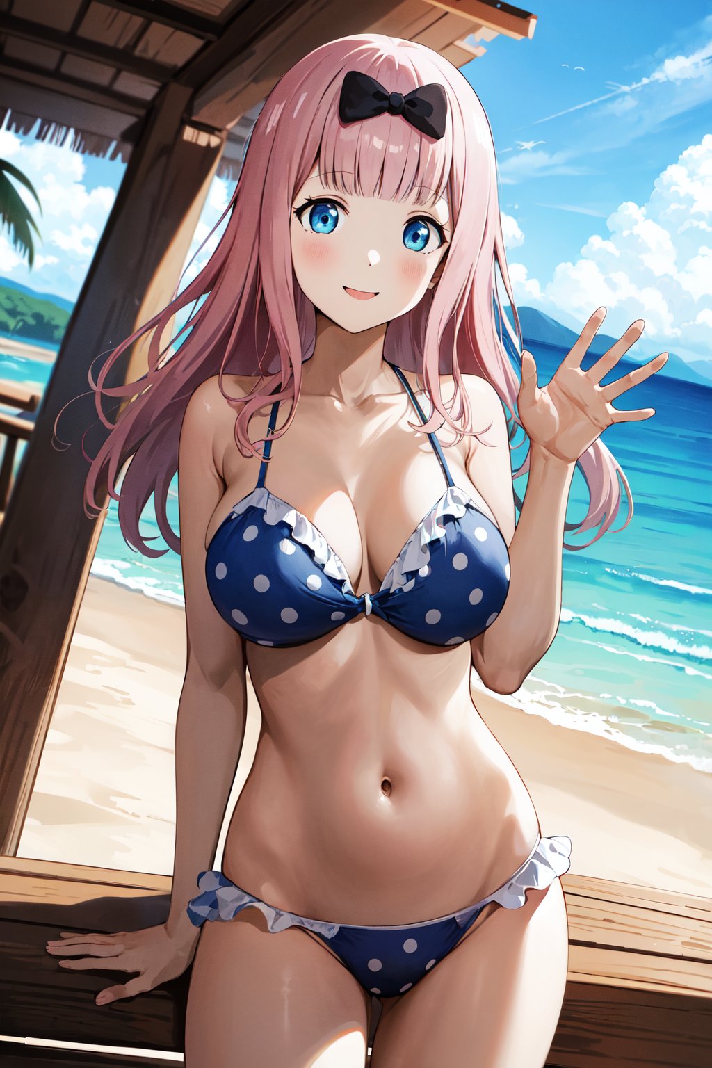 masterpiece, best quality, highres, aachika, long hair, hair bow, <lora:fujiwara_chika_v2:0.7>, frilled bikini, polka dot, collarbone, beach, waving, smile, standing, cowboy shot,