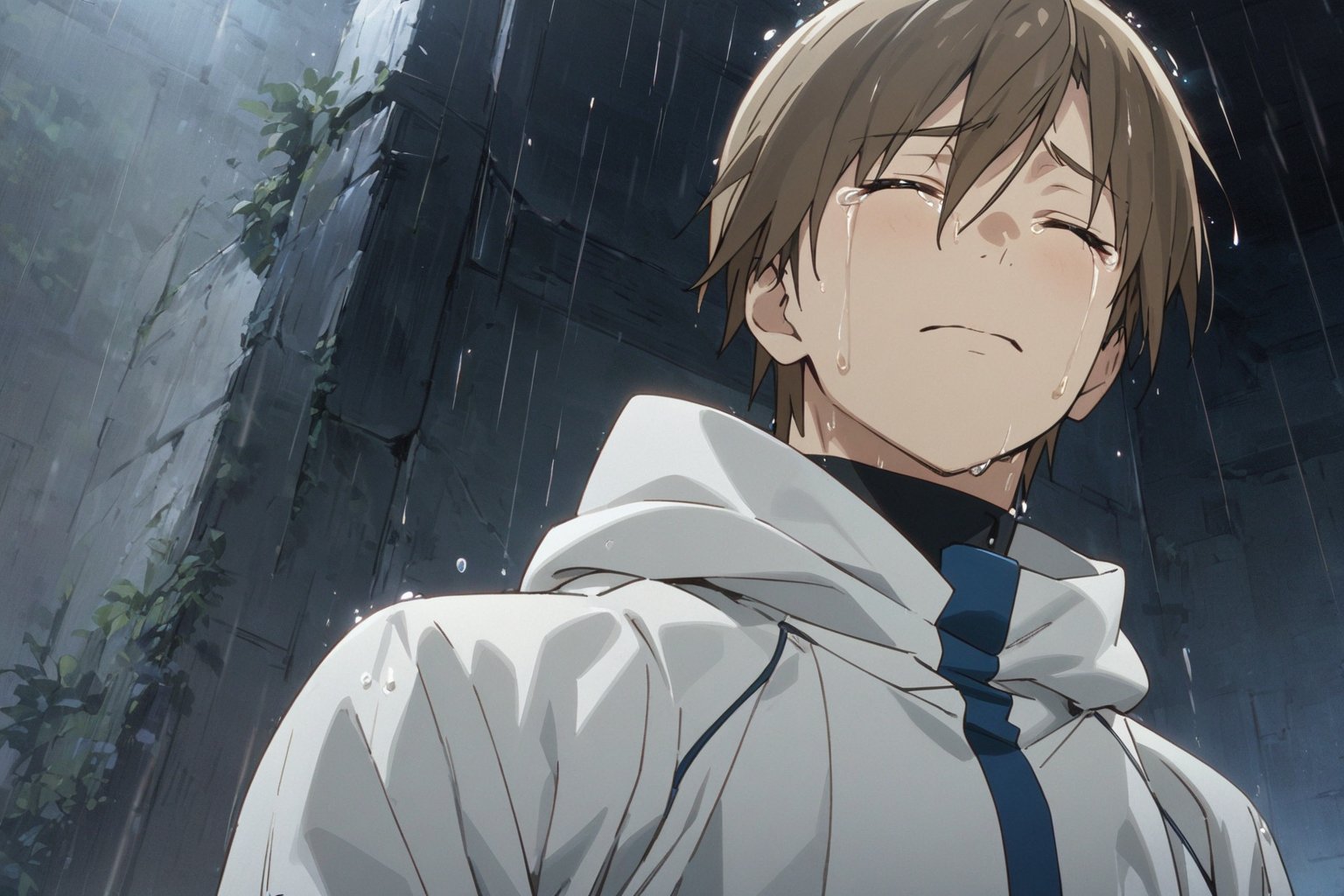 from behind, from below, rain, (A wet boy looks up to the sky with tears of regret), ((closed eyes)), crying, manato_grimgar, 1boy, solo, white jacket, beige pants, (masterpiece, high-quality, breathtaking, highres, ultra detailed), (expressive eyes, perfect face) <lora:manato grimgar:1>