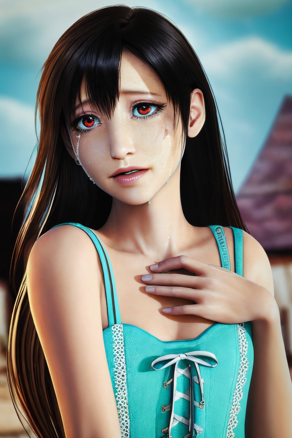 best quality, masterpiece, highres, detailed eyes, detailed face, ultra detailed, medium shot,tifa1, solo, crying, (tears:0.8), looking at viewer, crying with eyes open, parted lips, hand on own chest, small breasts, blurry background, tifa_aqua_dress, day, outdoors, realistic, sky,brown eyes,<lora:tifa in flashback v2-000009:0.8>