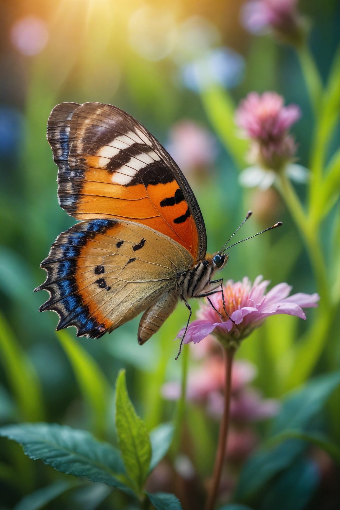 (best quality,8K,highres,masterpiece), ultra-detailed,photorealistic,macro photography, depth of field,grass,colorful,butterfly,plant