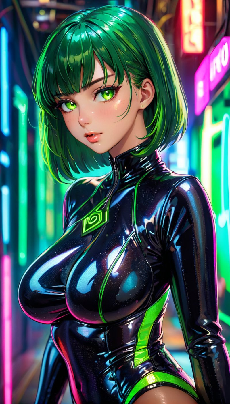 extreemely detailed,sexy, cleavage, black latex costume, amazing background, chromatic aberration, cyberpunk, neon lights in the background, full body, oily skin, shiny, high definition photo, ultra detailed skin, ultra detailed face, small skin imperfections, 1girl, Side-swept bangs, large boobs, Busty body, green eyes, Chestnut hair