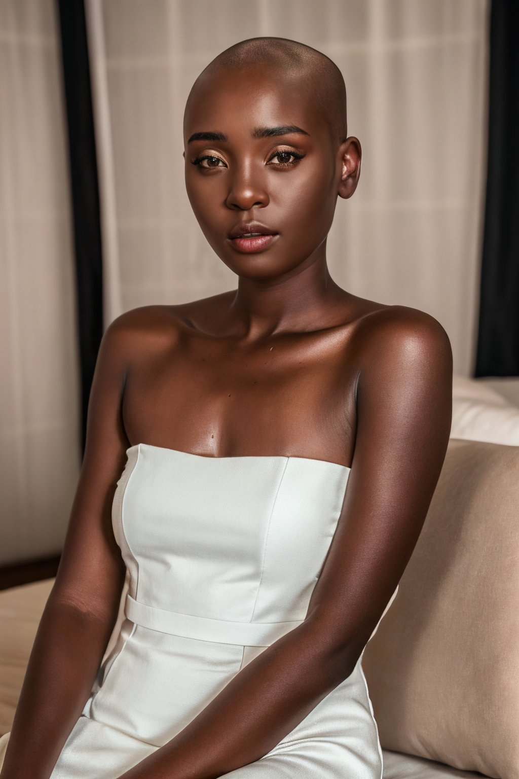 <lora:Zaawaadi_PS_Lora:0.85>, photo of z44w44d1, 1girl, bald, full-length portrait, posing, best quality, sitting, on bed, white dress, bare shoulders, collarbone, intricate realistic photo, Century Camera Co. Studio, 160mm f/8, 1/10s, ISO 25, tintype, film grain, epiCRealism