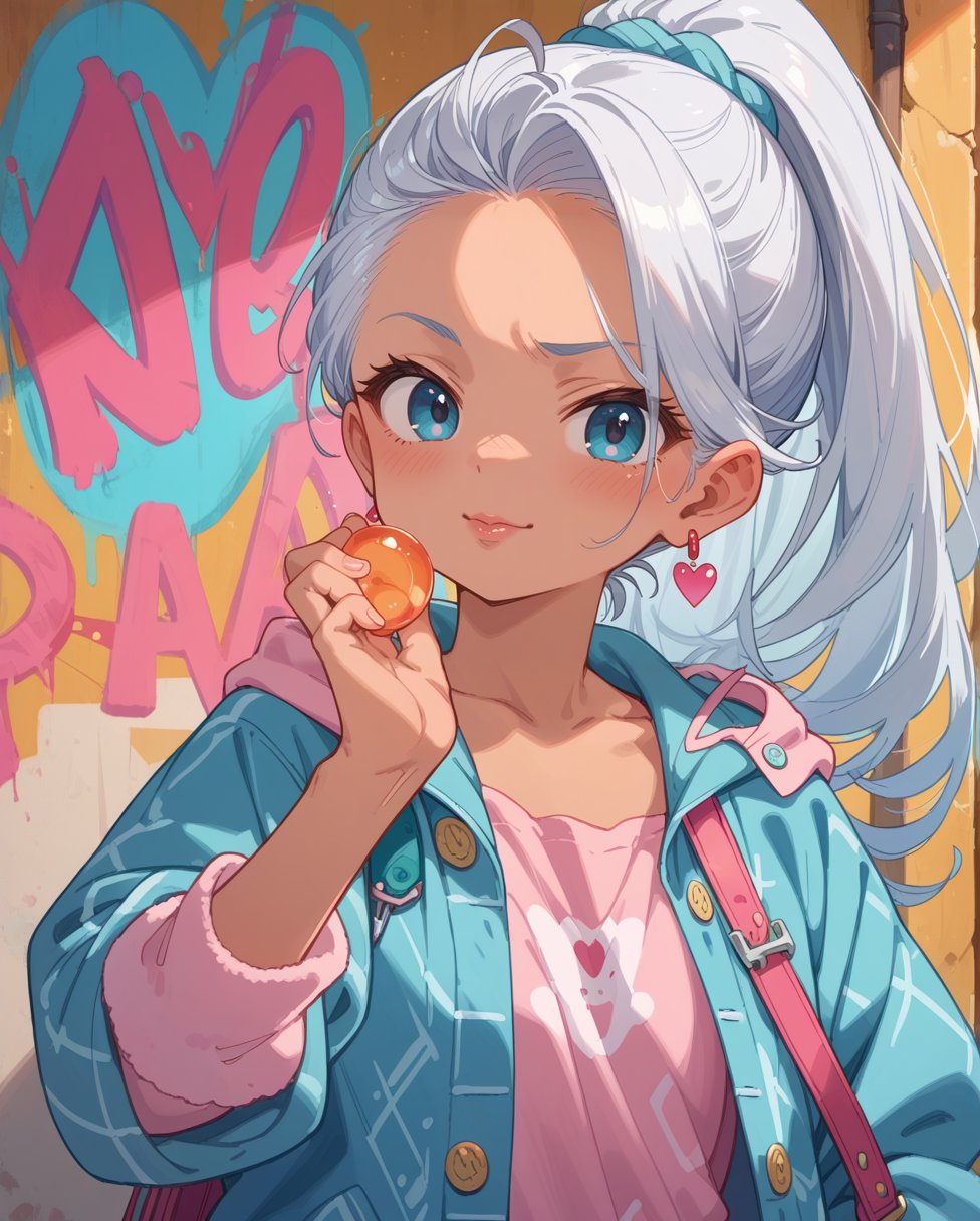 score_9, score_8_up, score_7_up, source anime,  positive: score_9, score_8_up, source_anime,(shiny skin),[striking, fauvism oil painting, Cozy flannel pajama set, Trailblazer, Average Height, Lean, Heart-Shaped Face, Tan Skin, Silver Hair, ice blue Eyes, Narrow Nose, Full Lips, Prominent Chin, Long Hair, Coarse Hair, High Ponytail, full breasts, Cuff earrings, pink sheer lipstick, Confidently posing against colorful graffiti], , <lora:HandFineTuning_XL:1>,